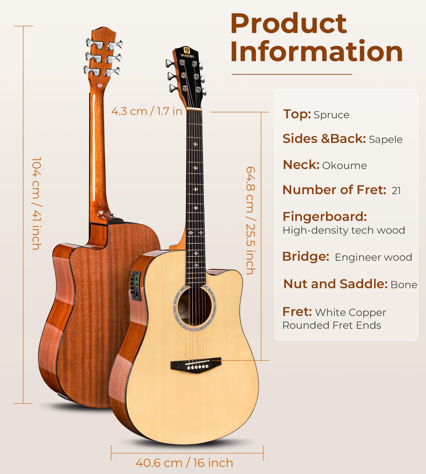 Vangoa Electric Acoustic Guitar Kit For Beginners Adults Full Size Cutaway Acoustic Guitar Bundle Set With Built In Pickups Bag