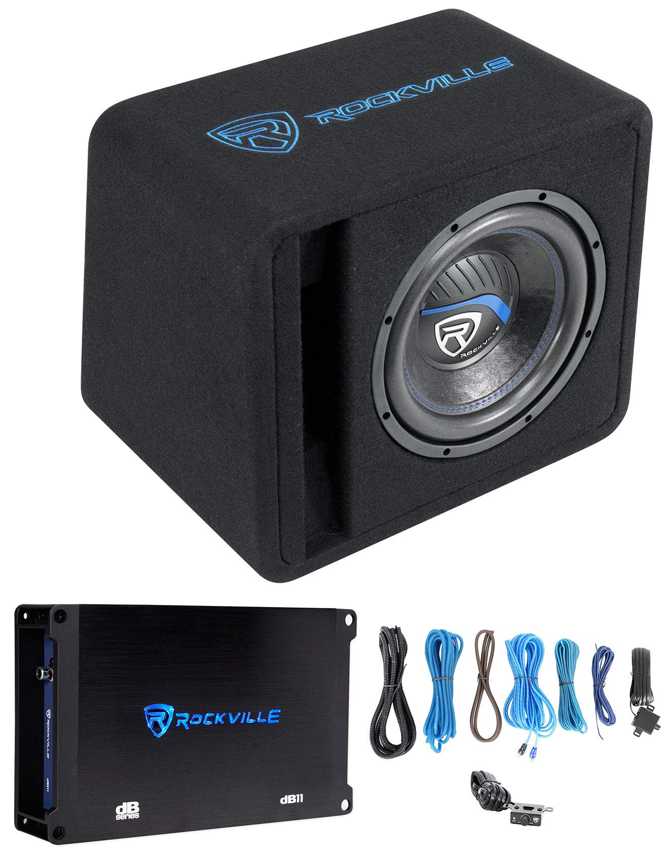 Rockville Sk510 Package 10'' 1200W Loaded K5 Car Subwoofer Enclosure+Db11 Amp, Black