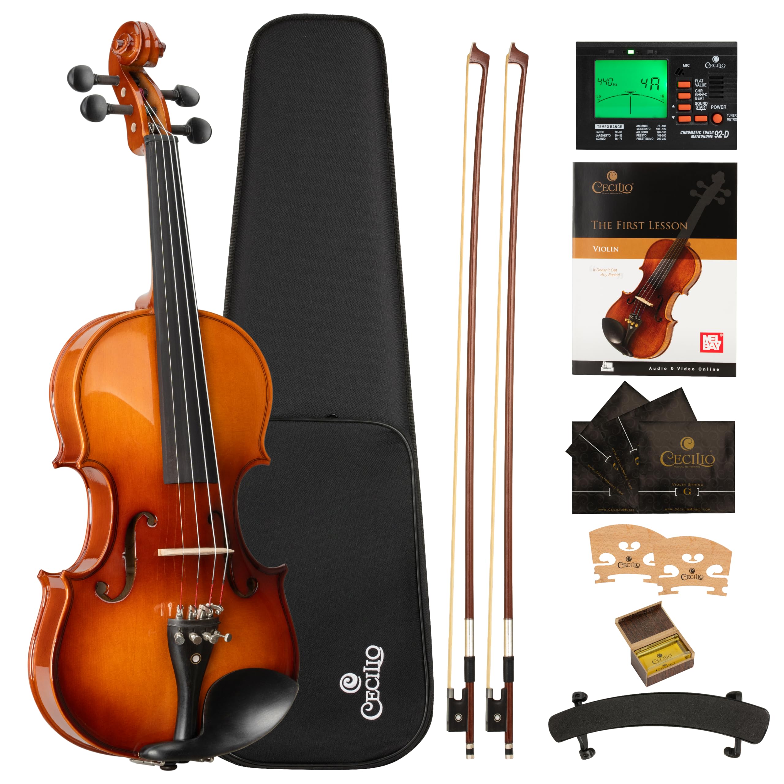 Cecilio 4/4 Violin Set Full Size Fiddle Solidwood Ebony Fitted LEFT-HANDED Violin with DAddario Prelude Strings | Complete Set 