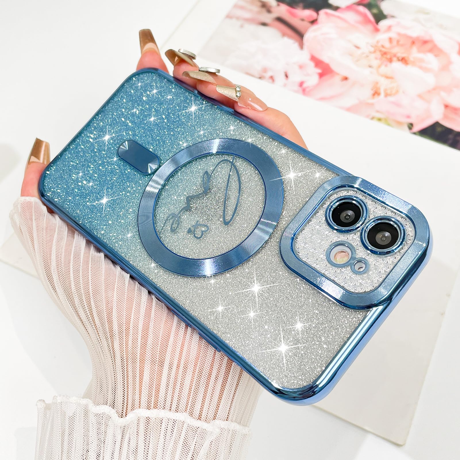 Fiyart Designed For Iphone 11 Case,Compatible With Magsafe Love Heart Plating Camera Protection Clear Phone Case, Magnetic Glitt