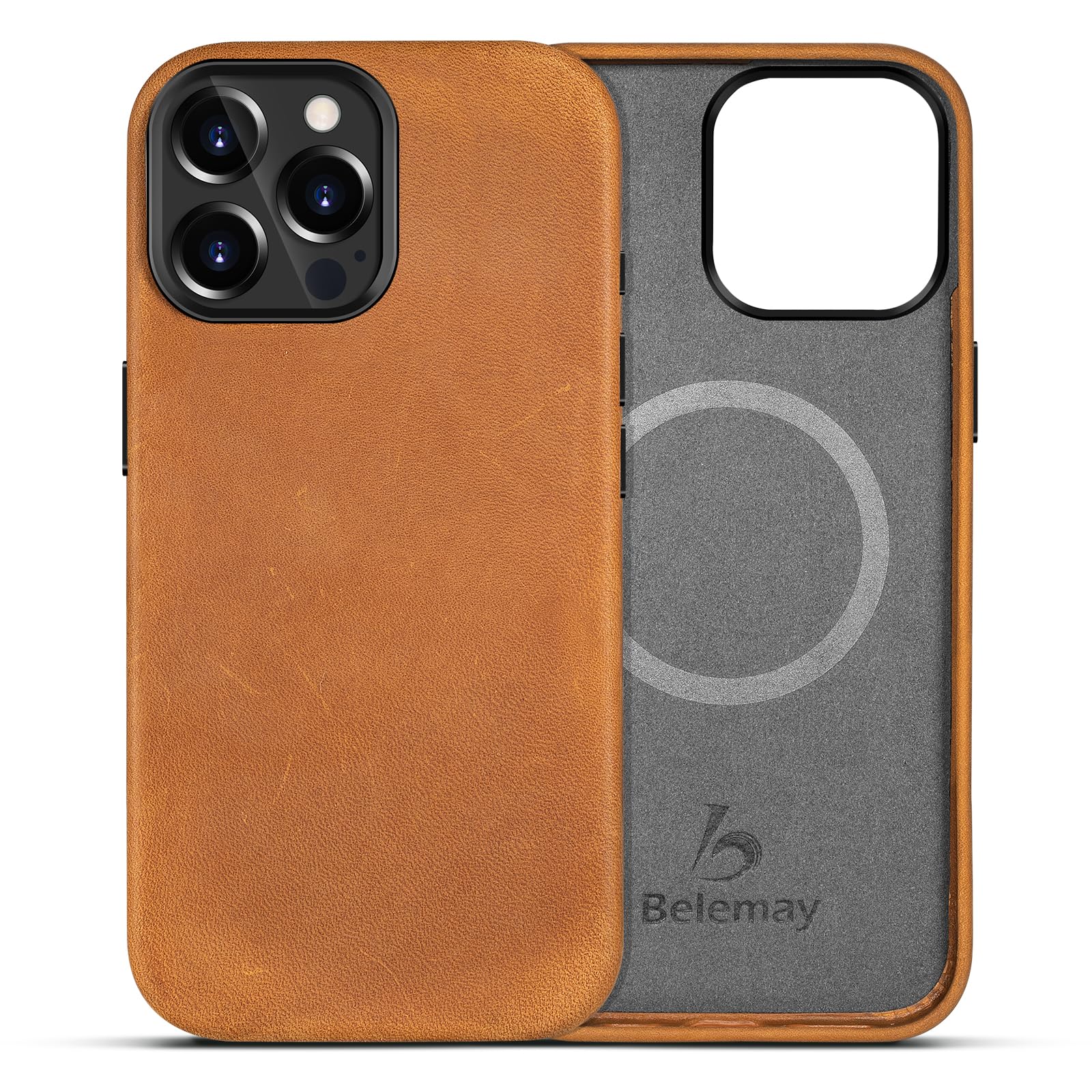 Belemay Compatible With Iphone 15 Pro Leather Case With Magsafe - Top Grain Vintage Crazy Horse Leather - Metal Buttons & Lens P
