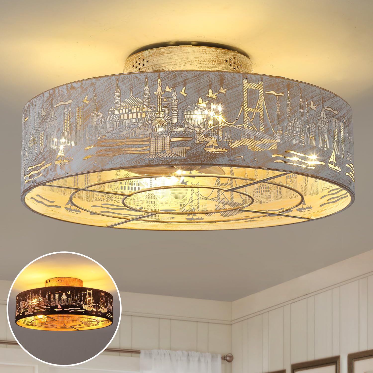 Alaruder Caged Ceiling Fans With Lights Flush Mount,Low Profile Ceiling Fan With Remote,20 Inch Caged White Fan For Bedroom,6 Sp