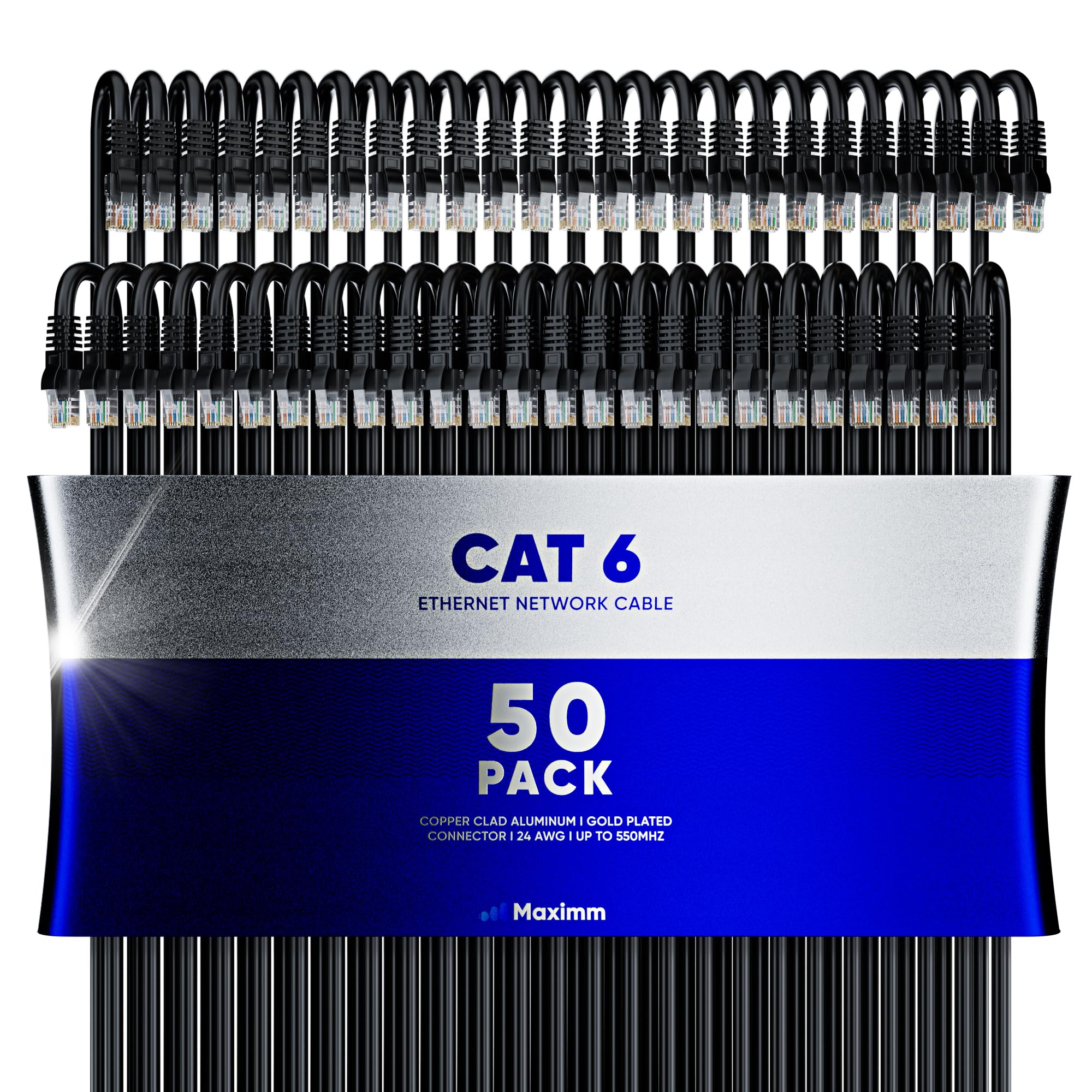 Maximm Cat 6 Ethernet Cable 8 Ft (50 Pack)   High Speed Lan Cable, Internet Cable, Patch Cable, And Network Cable   Utp, 10Gbps, 550Mhz Ethernet Cord   Black