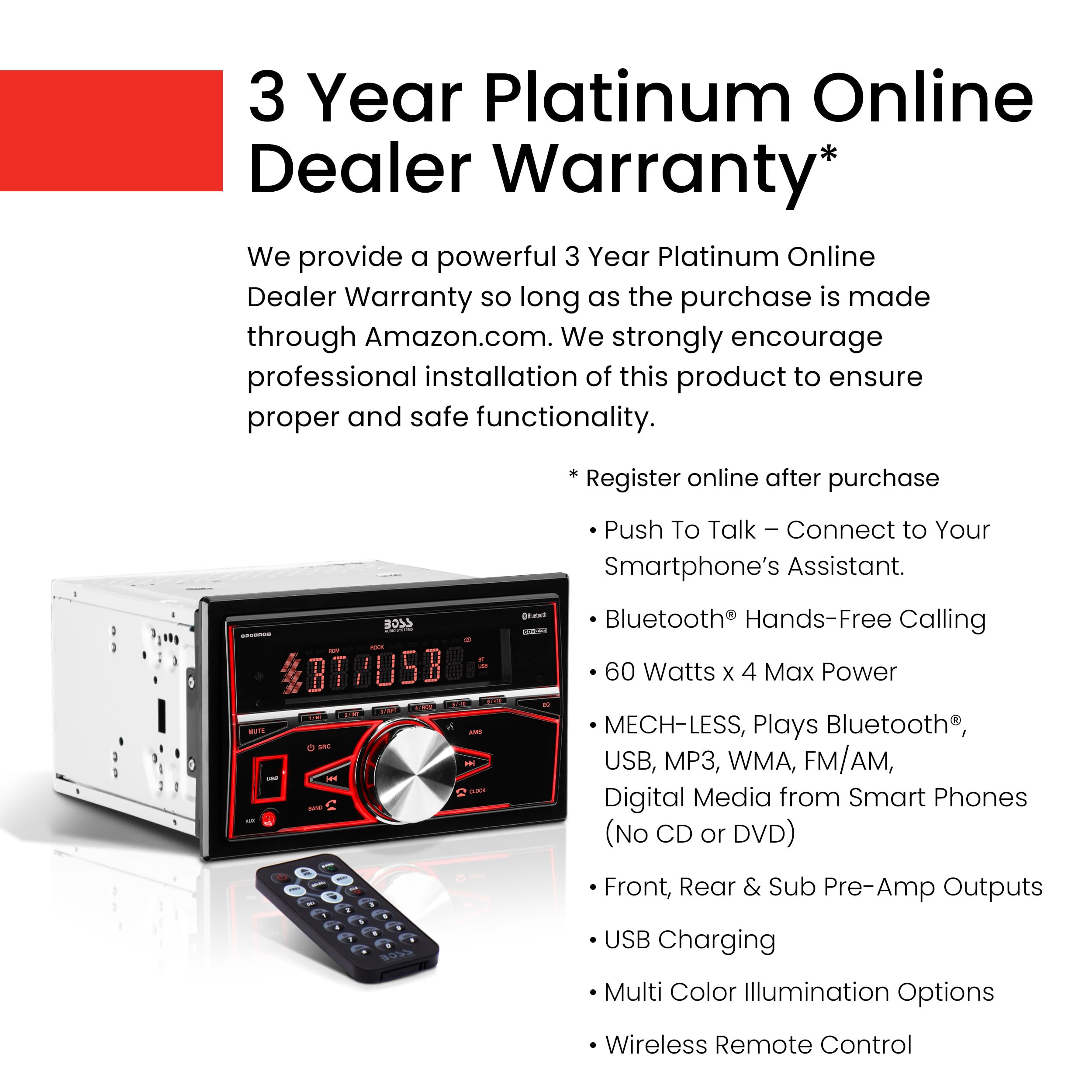 Boss Audio Systems 820Brgb Car Stereo   Double Din, Bluetooth, No Cd Dvd Player, Am/Fm Radio Receiver, Multi Color Illumination,