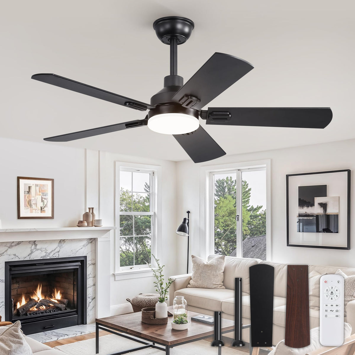 Zmishibo 44'' Ceiling Fans With Lights, Black Modern Ceiling Fan With Remote, Farmhouse Indoor Ceiling Fan With Dual Finish Blad