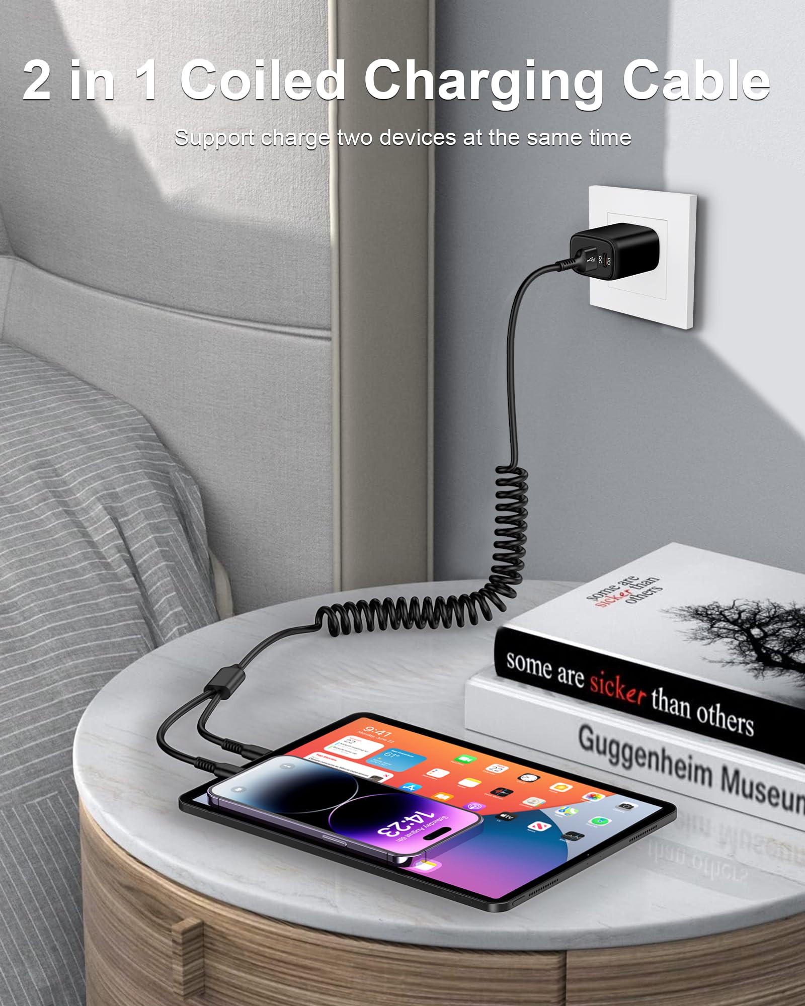Coiled Lightning Cable For Iphone 15 Pro Max, Curled Multi Charging Cable Wire 2 In 1 Usb To Lightning/Type C Port Fast Charging