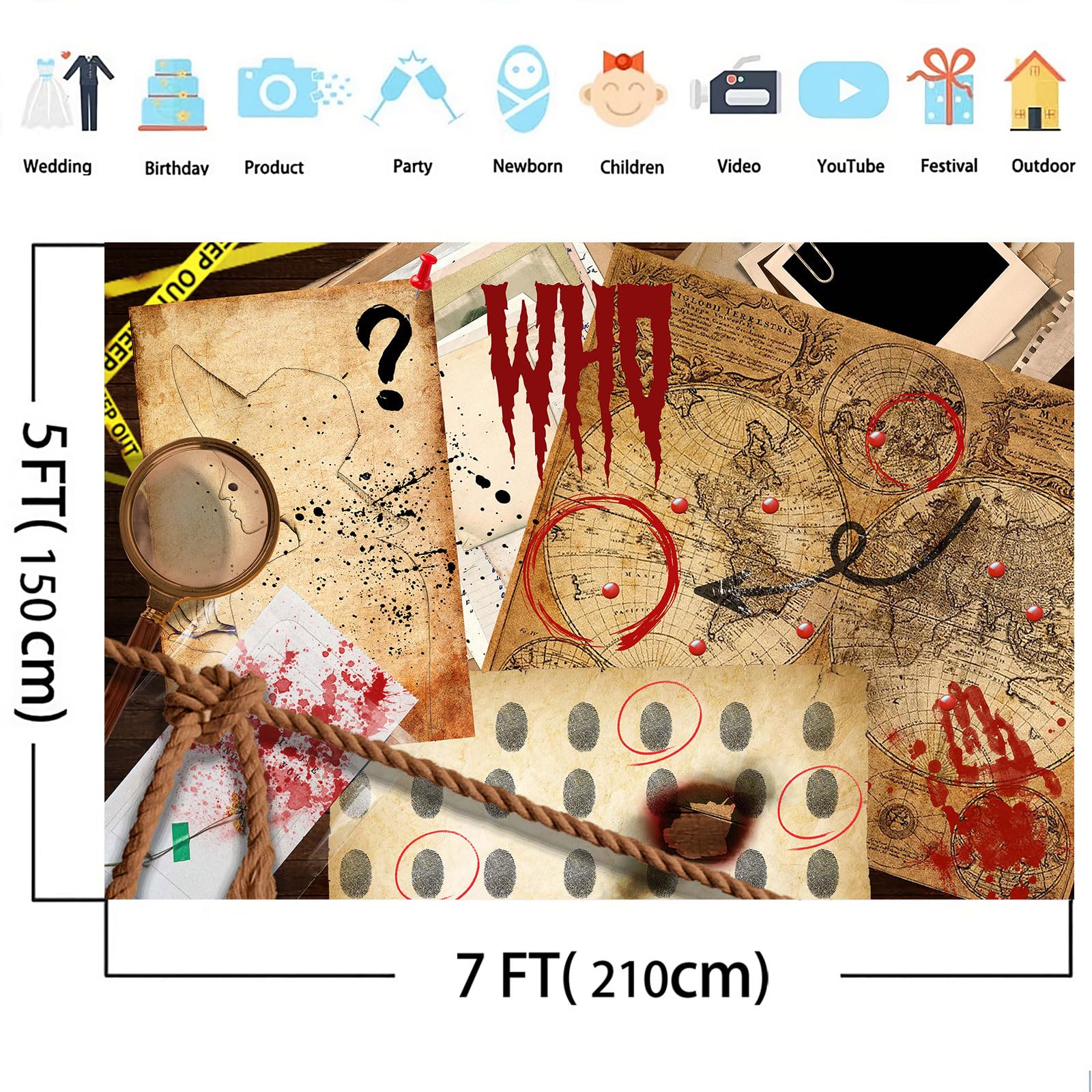 Yieldeer Spy Detective Backdrop 7X5Ft Murder Crime Scene Photo Fingerprint Clues Evidence Top Secret Mission Mystery Party Decor