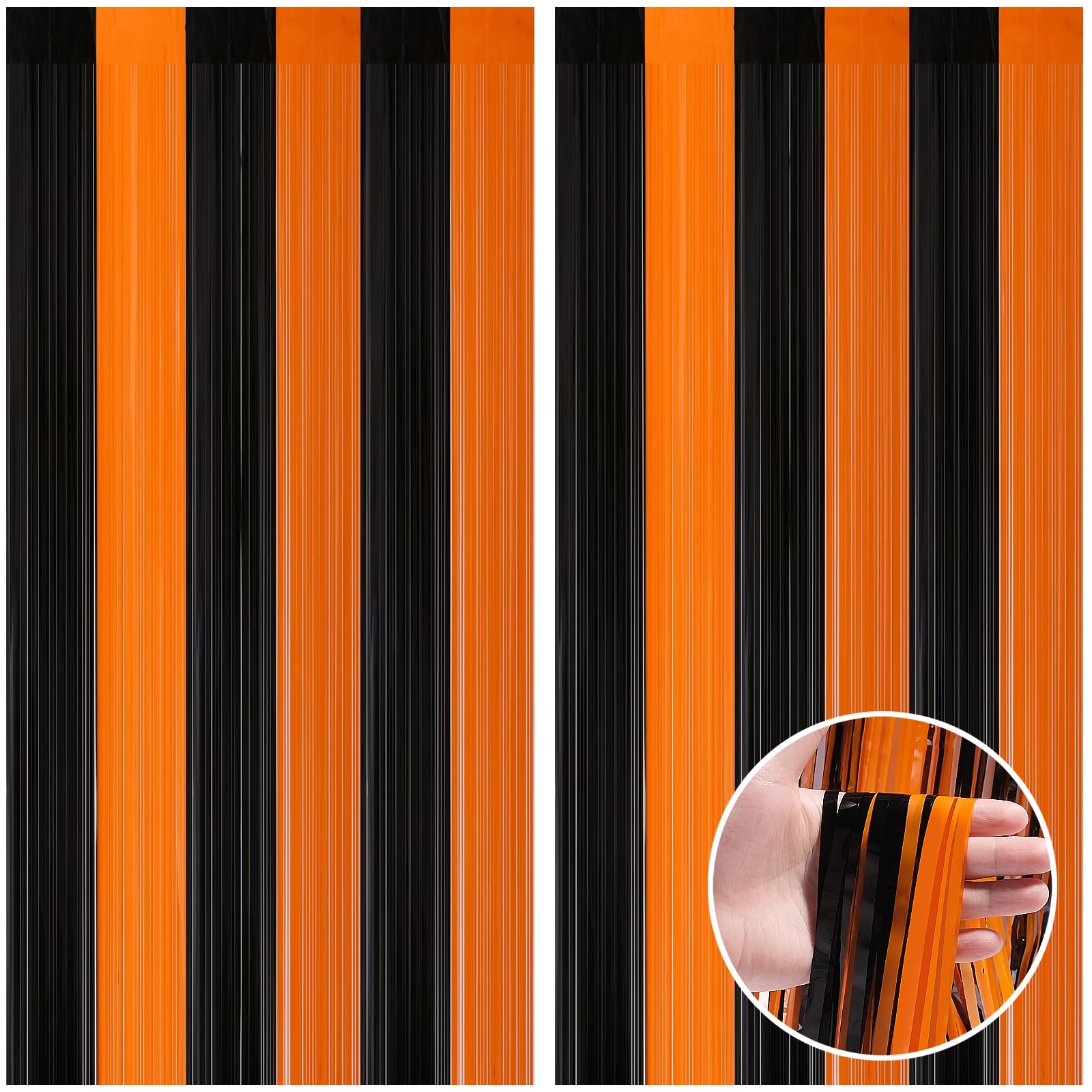 Canrevel 2 Pack 3.3X8.2 Feet Black And Orange Foil Fringe Backdrop Curtains, Tinsel Streamers Birthday Party Decorations, Fringe