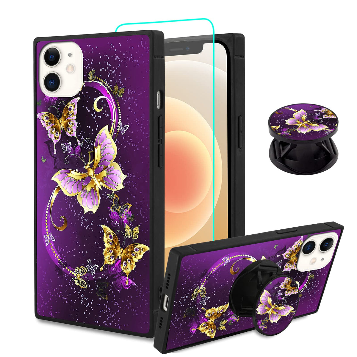 Sakuulo Iphone 12 Case,[Screen Protector + Kickstand] Square Cute Purple Butterfly Print Design Soft Tpu Edge Protection Shock A