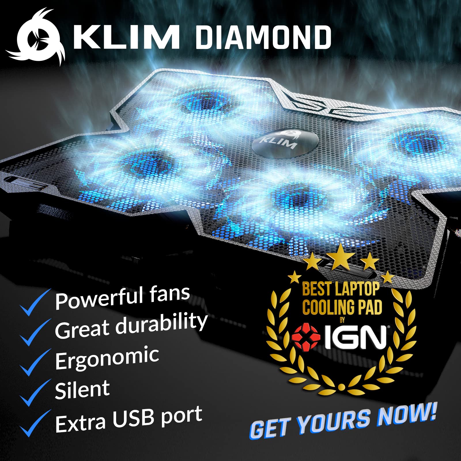 Klim Wind Laptop Cooling Pad - More Than 500,000 Units Sold - New Version - Powerful Rapid Action Laptop Cooler - Laptop Stand W