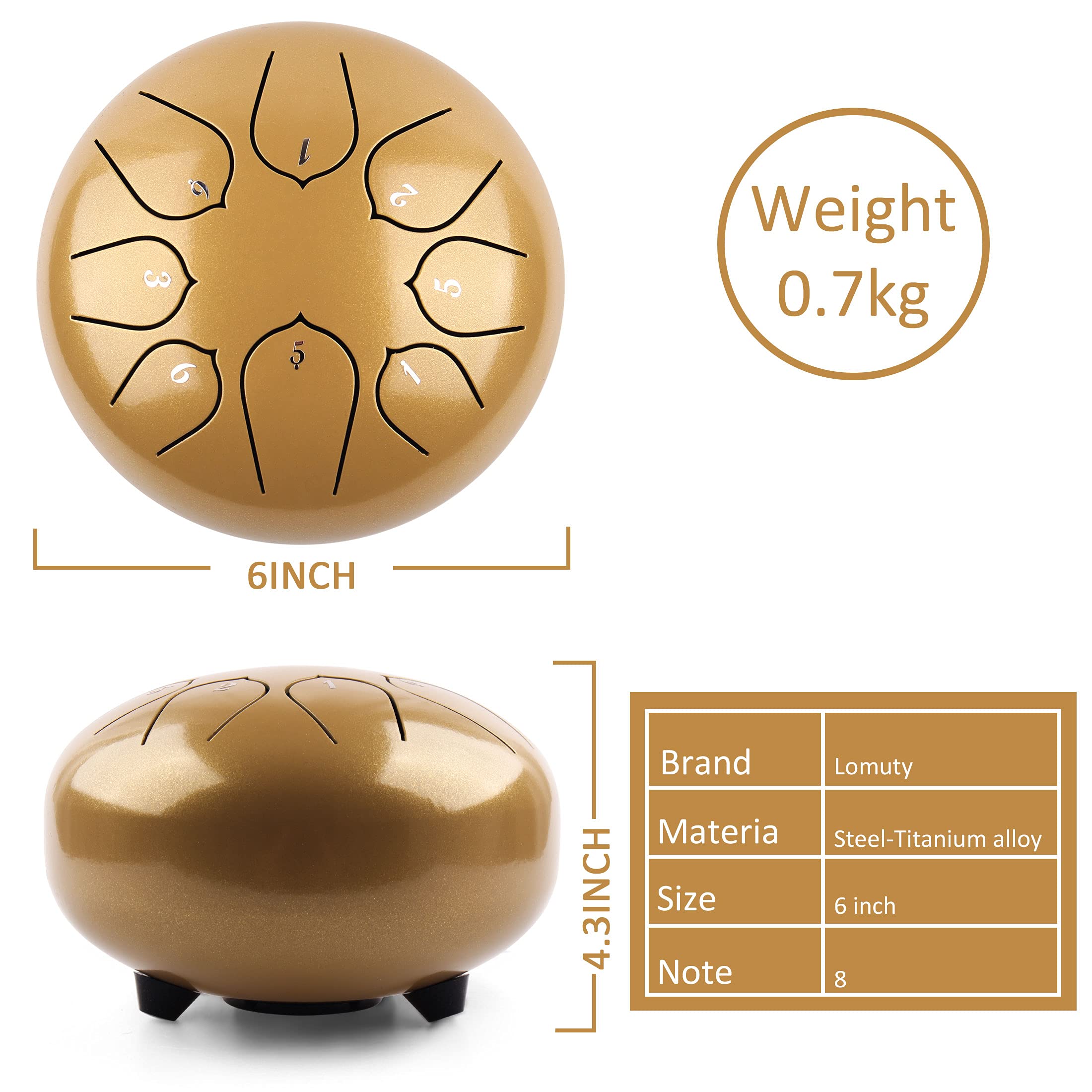 Steel Tongue Drum   8 Notes 6 Inches   Percussion Instrument  Handpan Drum With Bag, Music Book, Mallets, Finger Picks Gold