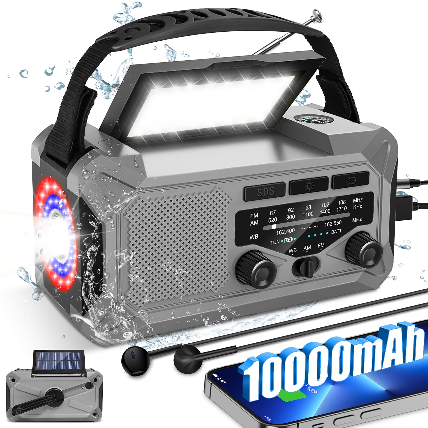 10000Mah Emergency Weather Radio With Solar Charging, Hand Crank & Type C Charge, Portable Radio Am/Fm/Noaa, Led Flashlight Read