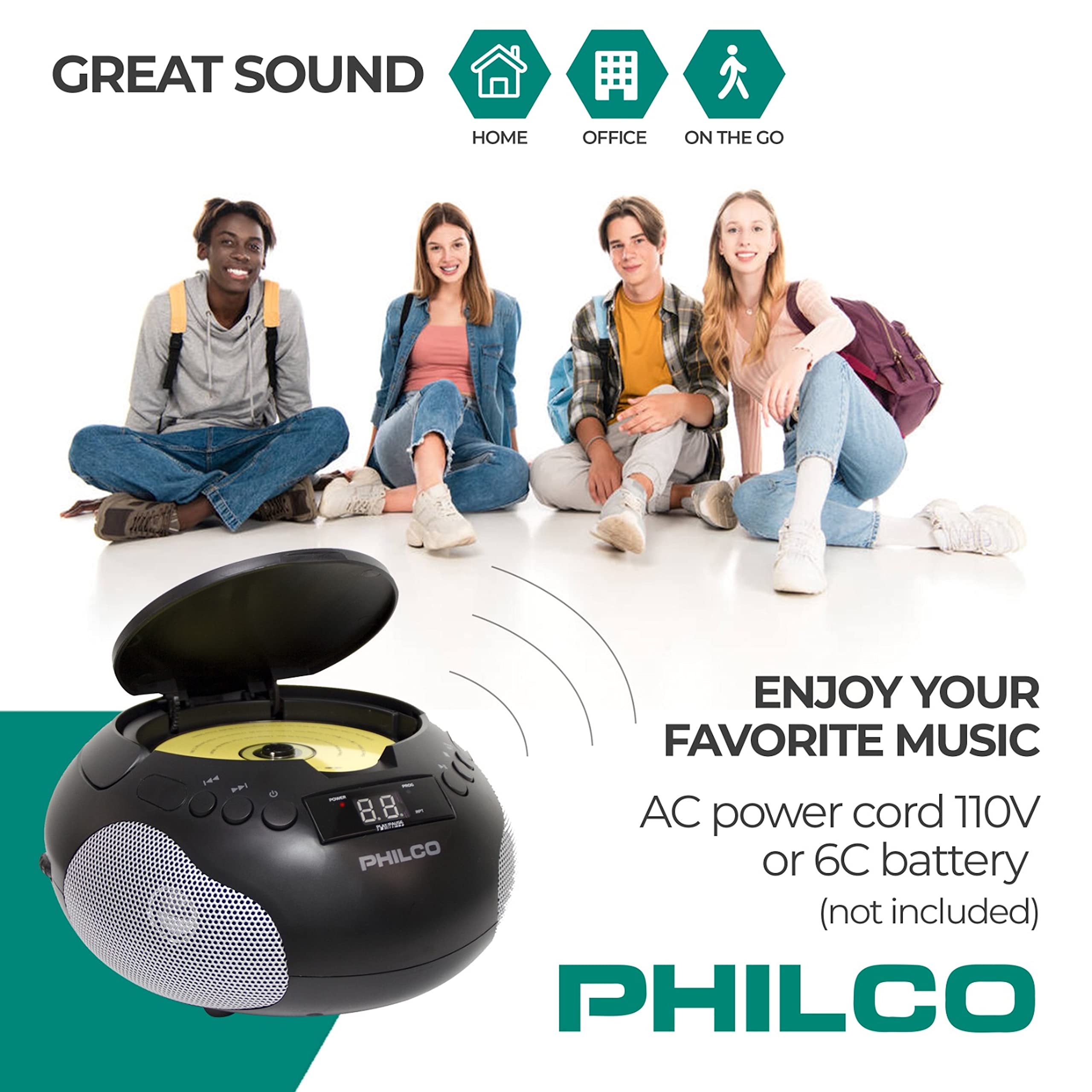 Philco Portable Cd Player Boombox With Speakers And Am Fm Radio | Black Boom Box Compatible With Cd R/Cd Rw And Audio Cd | 3.5Mm
