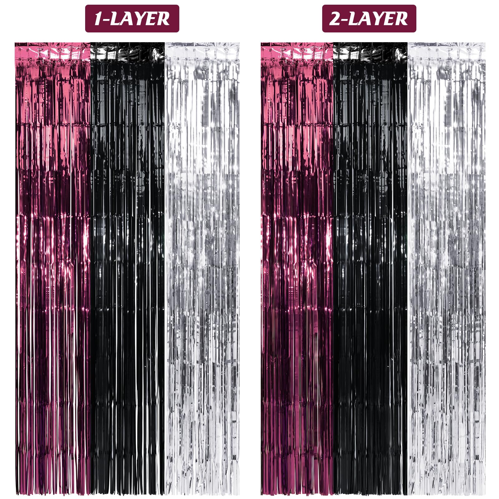 6 Pack 3.3Ft X 6.6Ft Graduation Foil Fringe Curtain Backdrop Decorations, Maroon Black Silver Metallic Tinsel Foil Streamers Cur