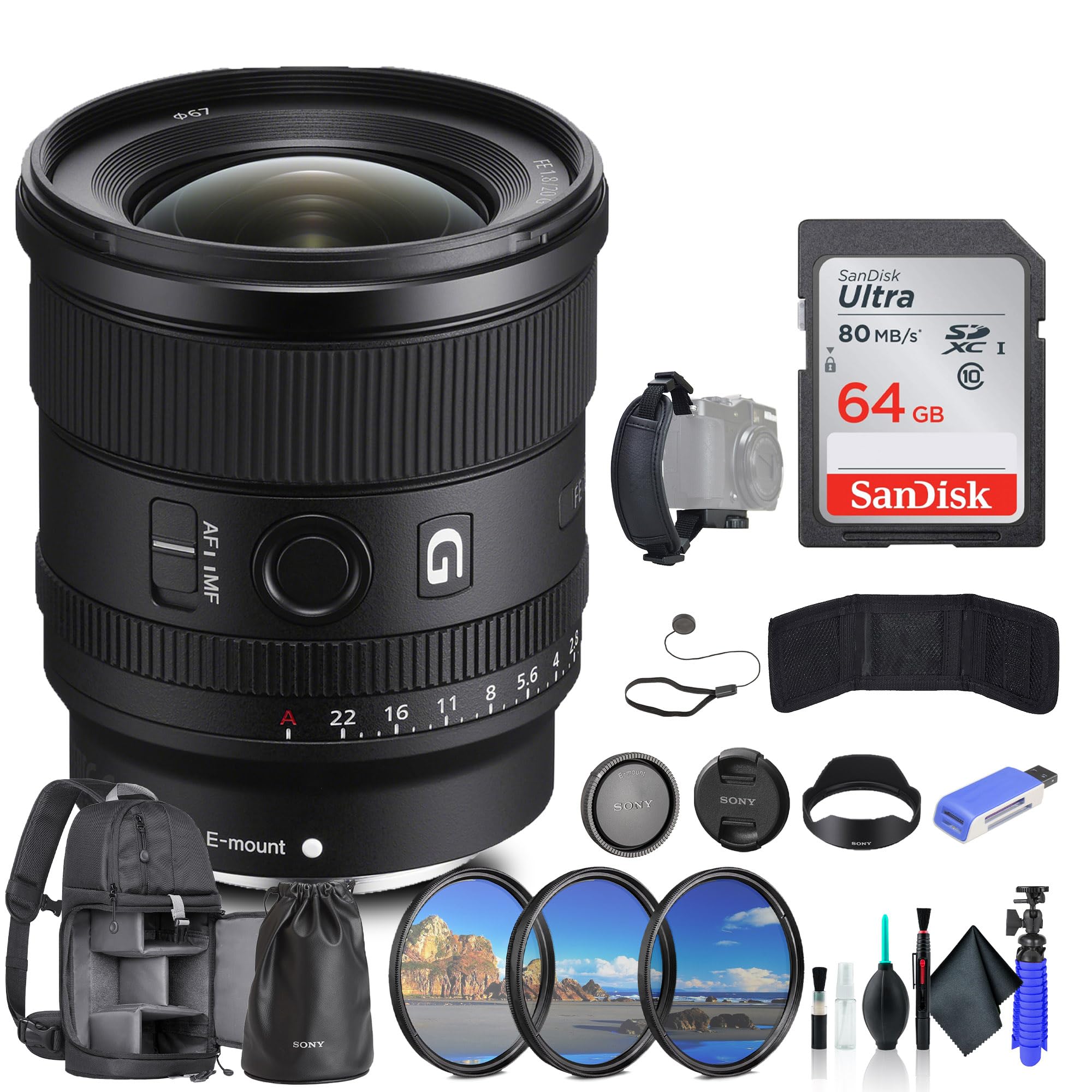 Sony FE 20mm f/1.8 G Lens SEL20F18G, 64GB Memory Card, Filter Kit, Backpack, Card Reader, Flex Tripod, Memory Wallet, Cap Keeper