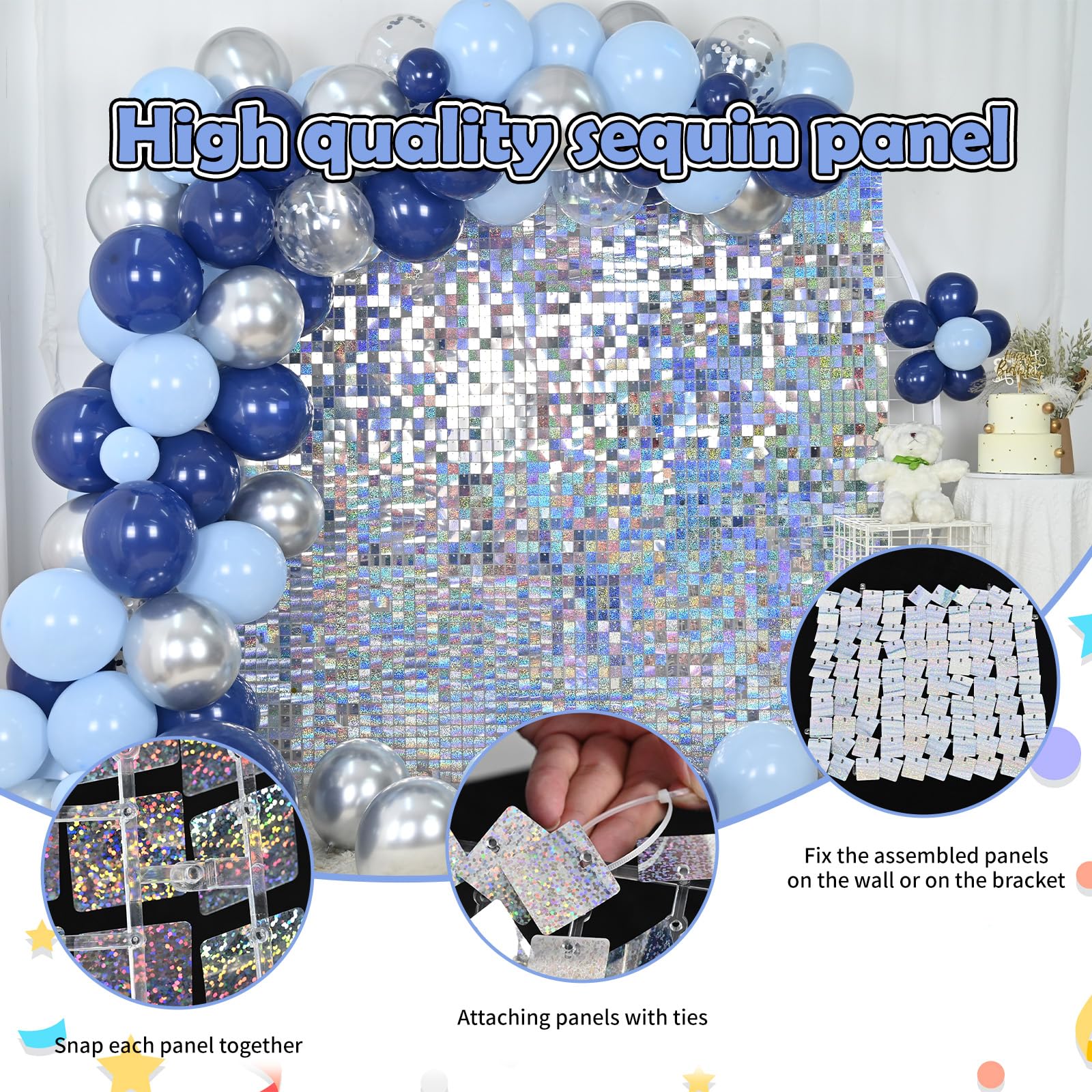 Biapian Silver Shimmer Wall Backdrop, 24Pcs Square Sequin Shimmer Wall Panels Color Laser Silver Glitter Photography Props For P