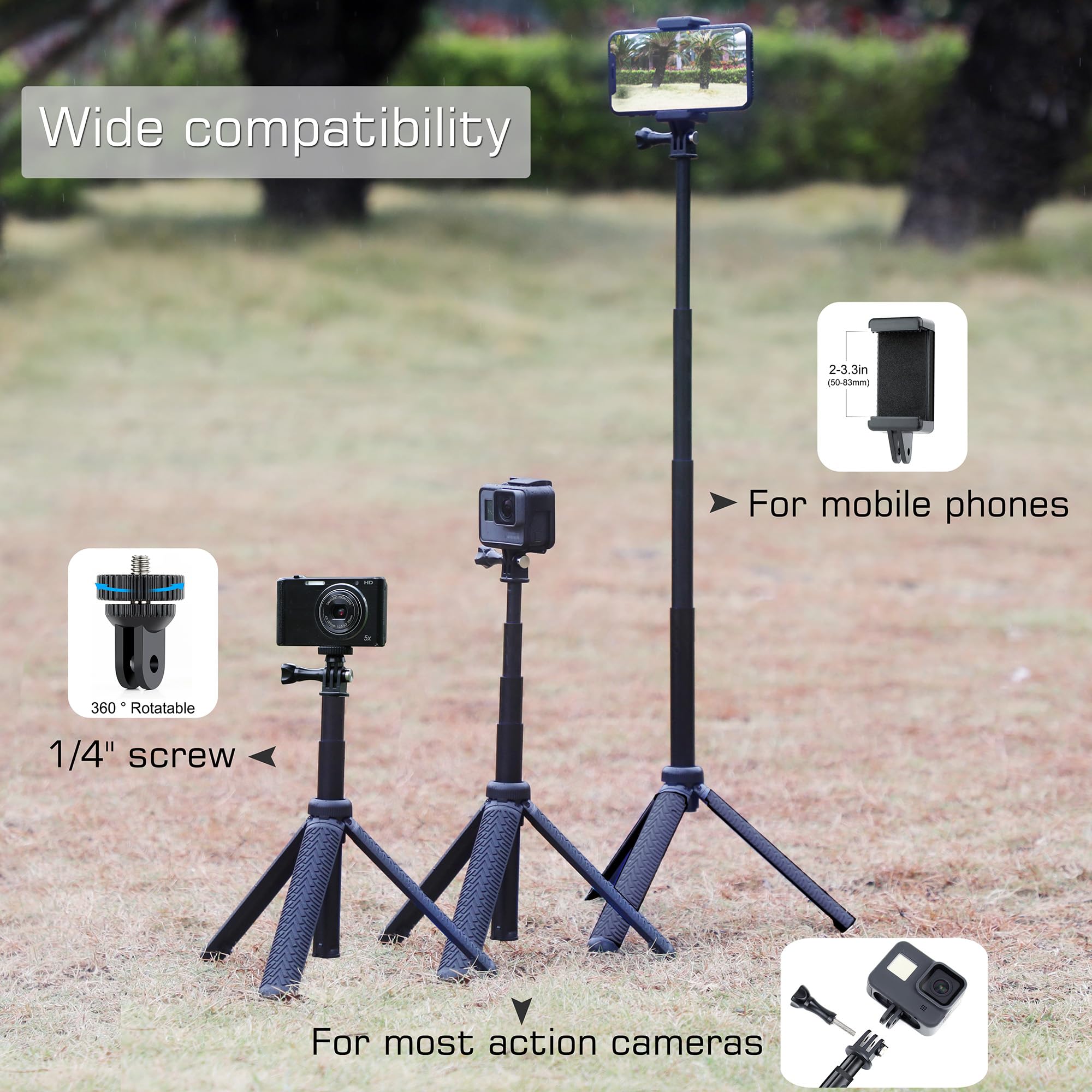 Gepuly Aluminum Extendable Tripod Selfie Stick Monopod For Phone Gopro Hero 13 12 11 10 9 8 7 6 5 4,Session, Fusion Max, Akaso,Osmo Action Cameras(3 In 1:Hand Grip, Selfie Stick,Tripod Stand)