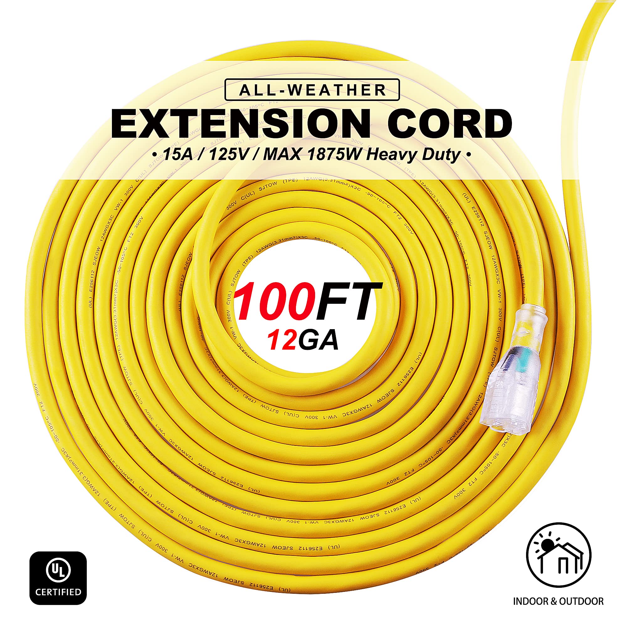 Aweltec Outdoor 12/3 Extension Cord 12Awg 100Ft 15Amp 1875Watts, Tpe Rubber Sjeow ( 58F To +221F) Lighted Power Cord, Yellow, Ul