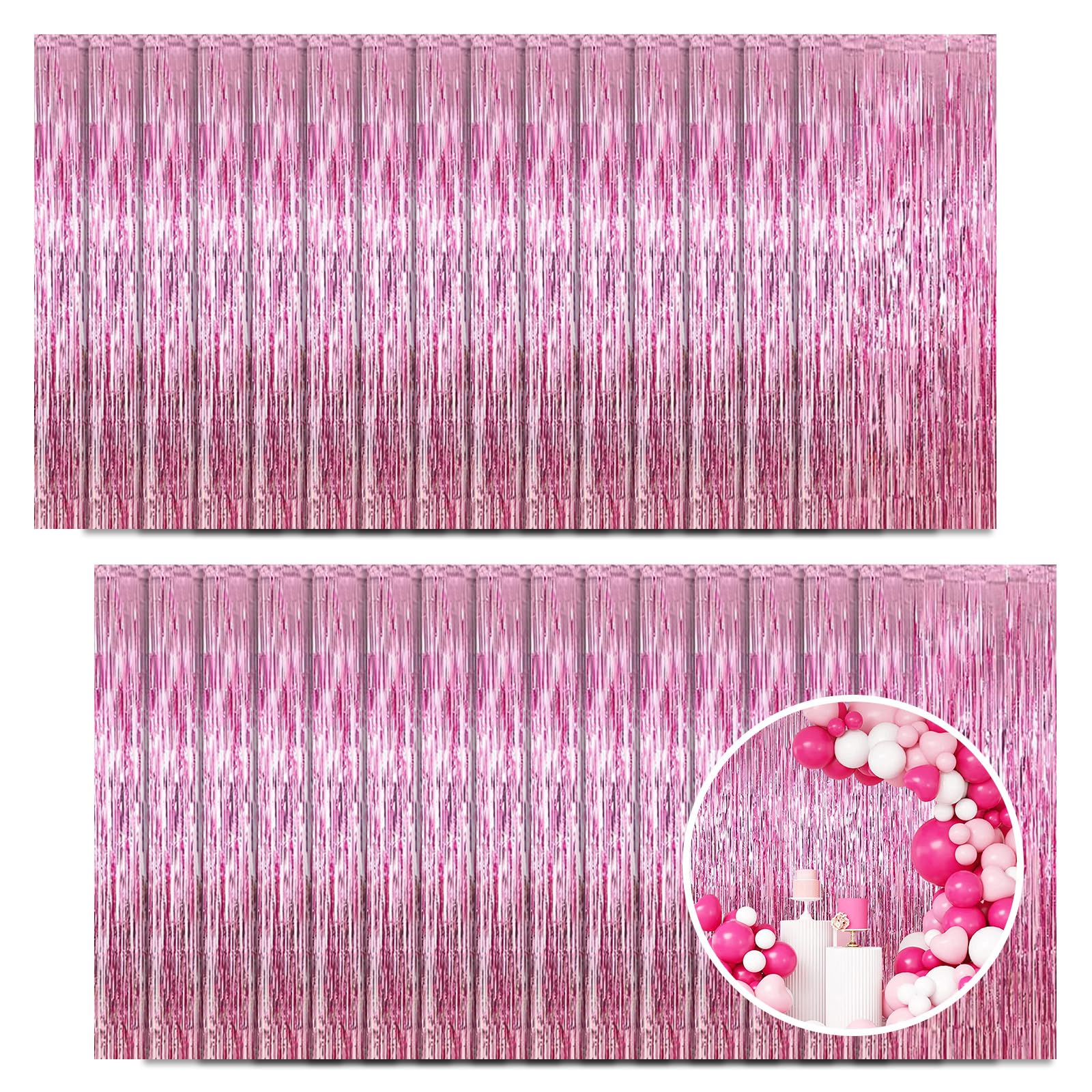 30 Pack Pink Foil Fringe Curtain Backdrop, 3.3X8.2 Feet Metallic Tinsel Streamer Curtains Photo Booth Props For Wedding/Birthday