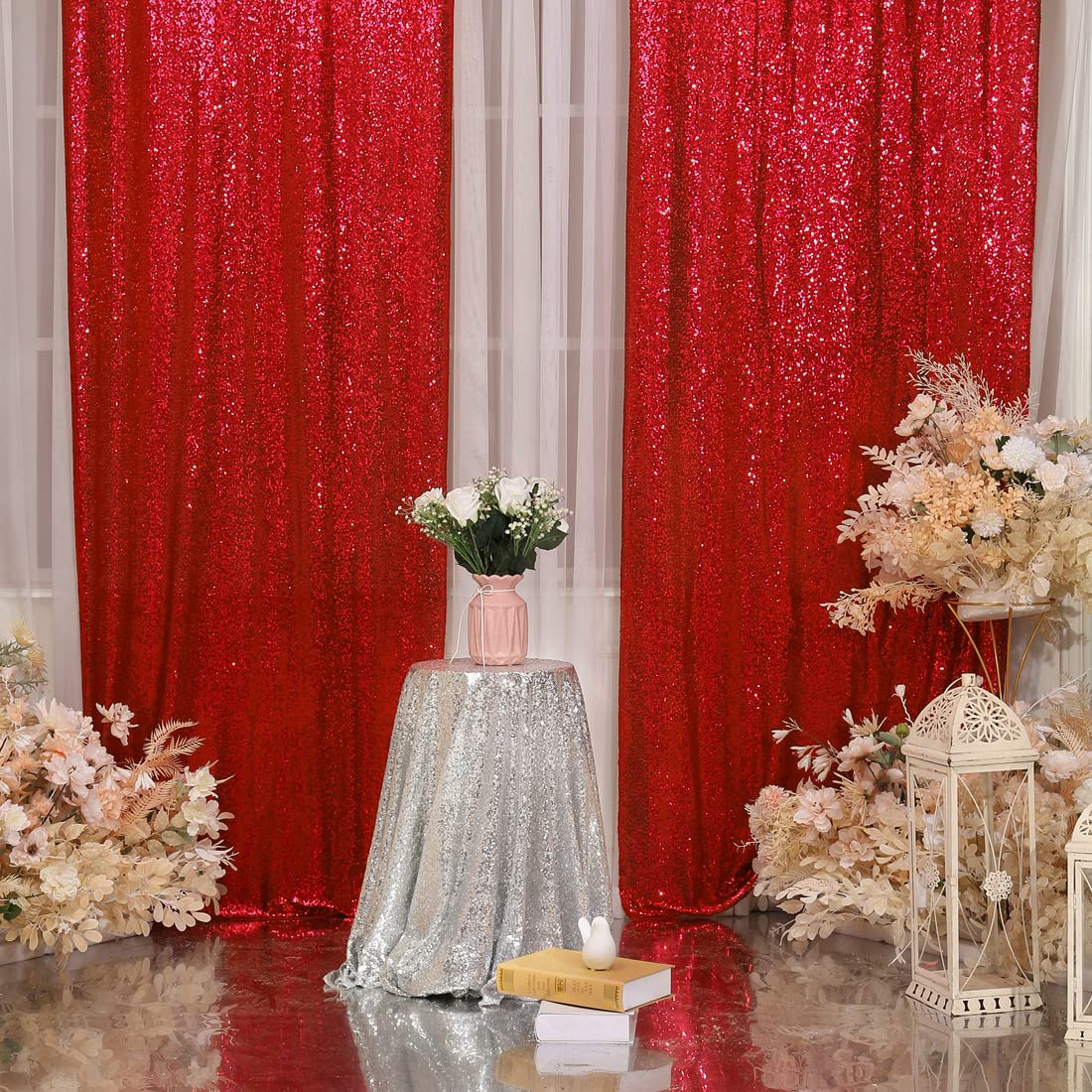 Red Sequin Backdrop Curtains,2Ft X 8Ft Sequin Photography Backdrop Curtain 2 Panels For Party Decoration, Red