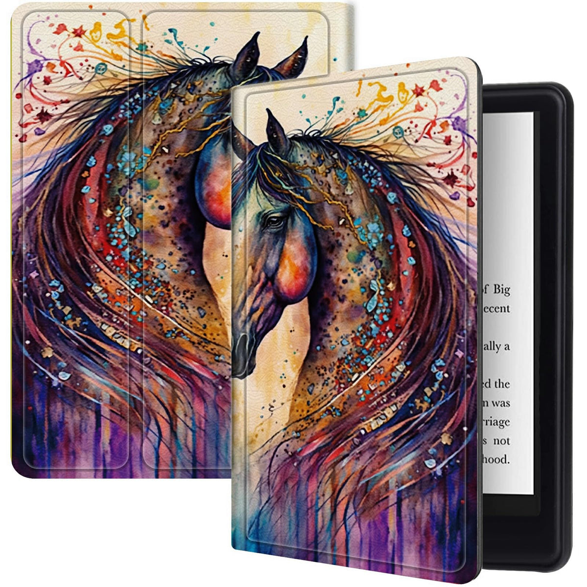Watercolor Horse Case 6'' All-New Kindle (11Th Generation-2024/2022 Release), Shockproof Pu Leather Folding Stand Slim Case With