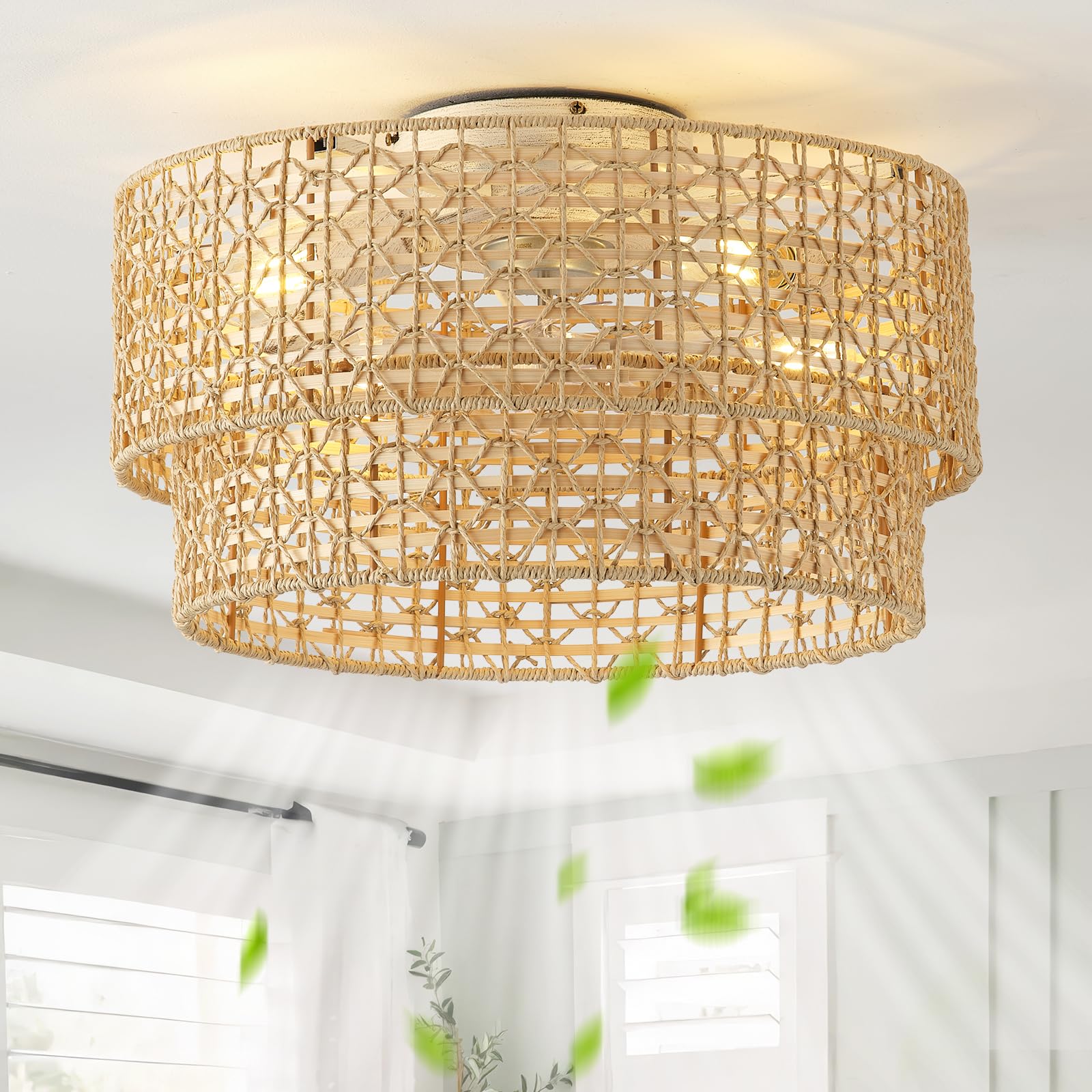 Flush Mount Ceiling Fan with Lights Low Profile, 20 Rattan Boho Ceiling Fan with Light Remote Control, Bladeless Caged with 6 Sp