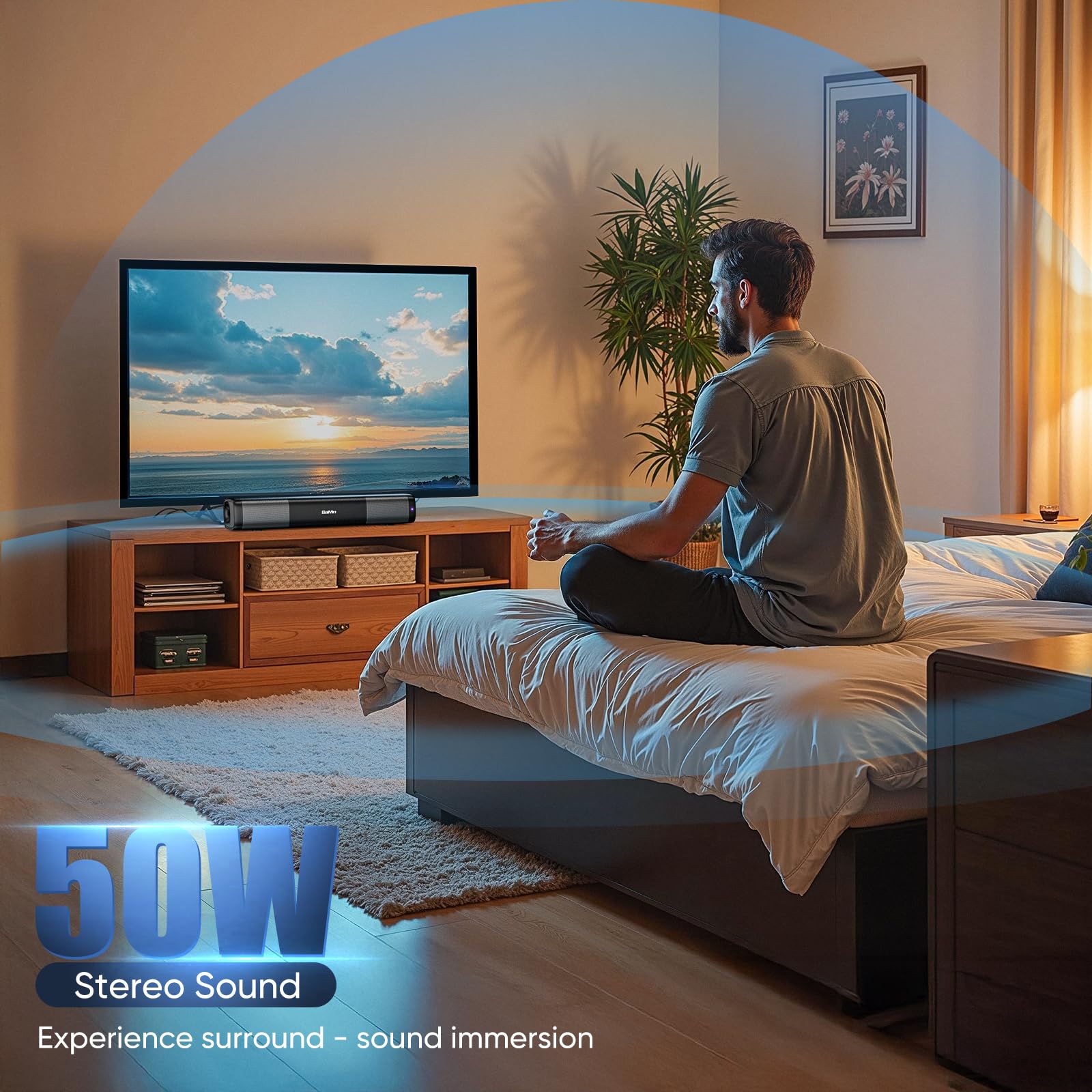 Saiyin 15.2 Inch Compact Sound Bar For Smart Tv, 50W Soundbar For Tv With Bluetooth5.3, Opt & Aux, Easy Setup & Wall Mountable,