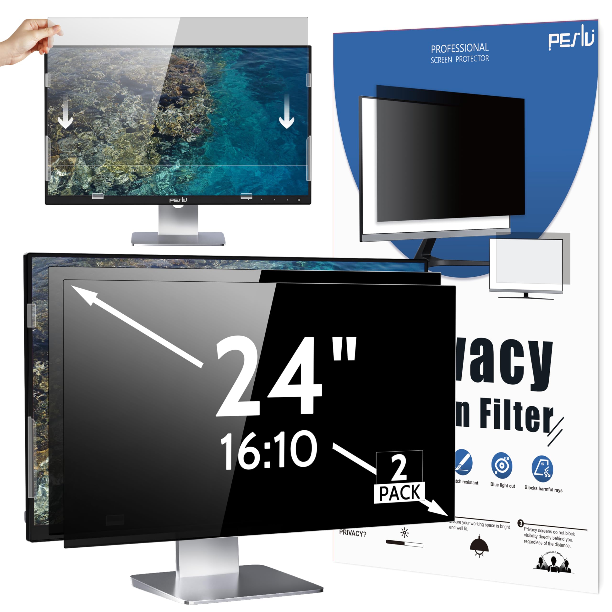 Peslv 2 Pack 24 Inch 16:10 Computer Privacy Screen For Widescreen Monitor, 24Inch Removable Anti Blue Light Glare Eye Protection