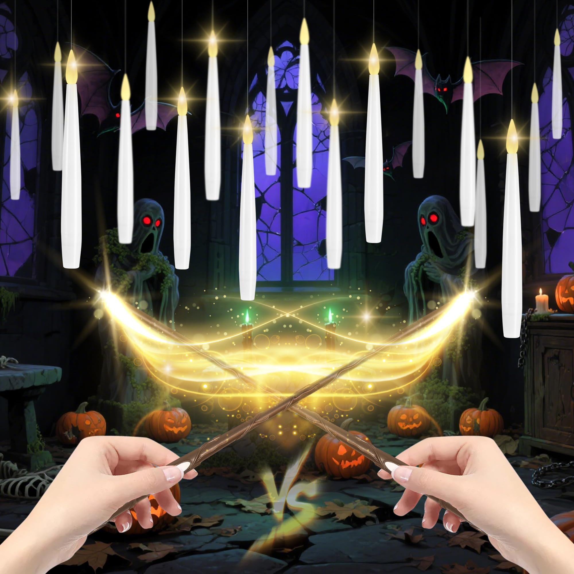 Lusharbor Floating Candles With Wand, 20 Pack Halloween Battery Operated Led Hanging Candles Electric Floating Candle For Hallow