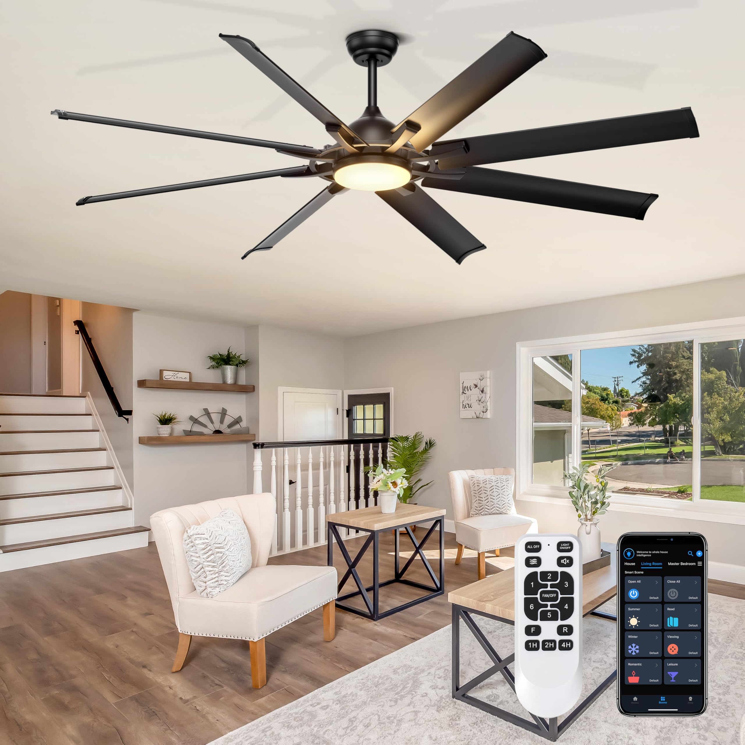 Ohniyou 72 Inch Industrial Ceiling Fan with Lights Remote Control, Black Large Ceiling Fan with 8 Aluminum Blades, 3 CCT, 6-Spee