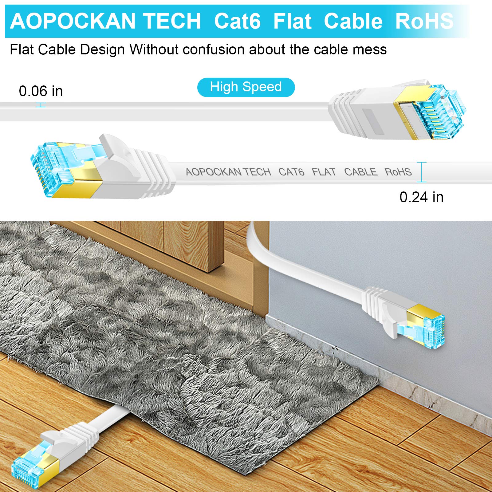 Cat 6 Ethernet Cable 75 Ft,Flat Internet Network Lan Patch Cords   Solid Cat6 High Speed Computer Wire With Clips & Snagless Rj4