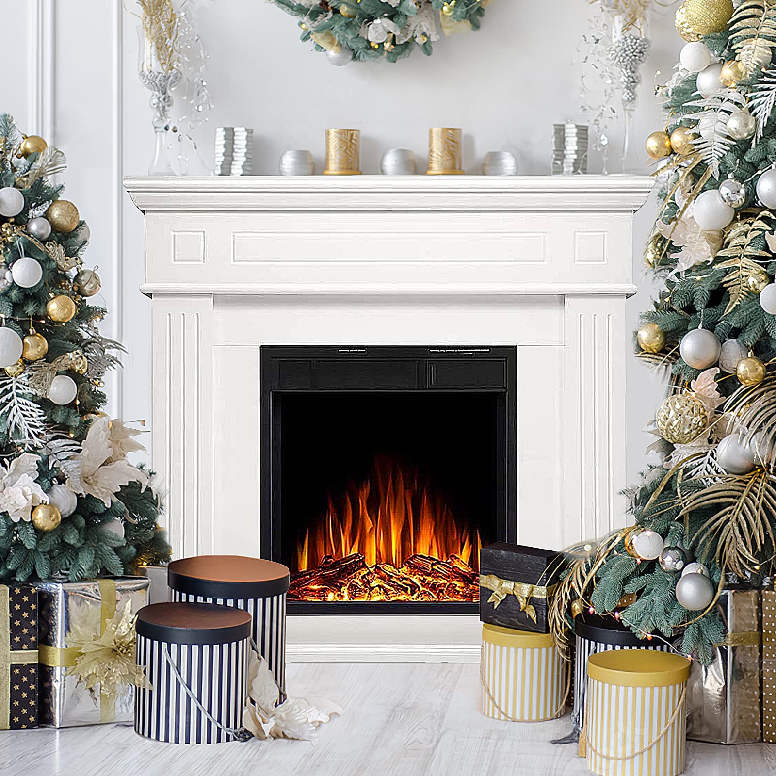 R.W.Flame 43    Electric Fireplace Mantel Wooden Surround Firebox, Tv Stand With Freestanding Electric Fireplace, Remote Control