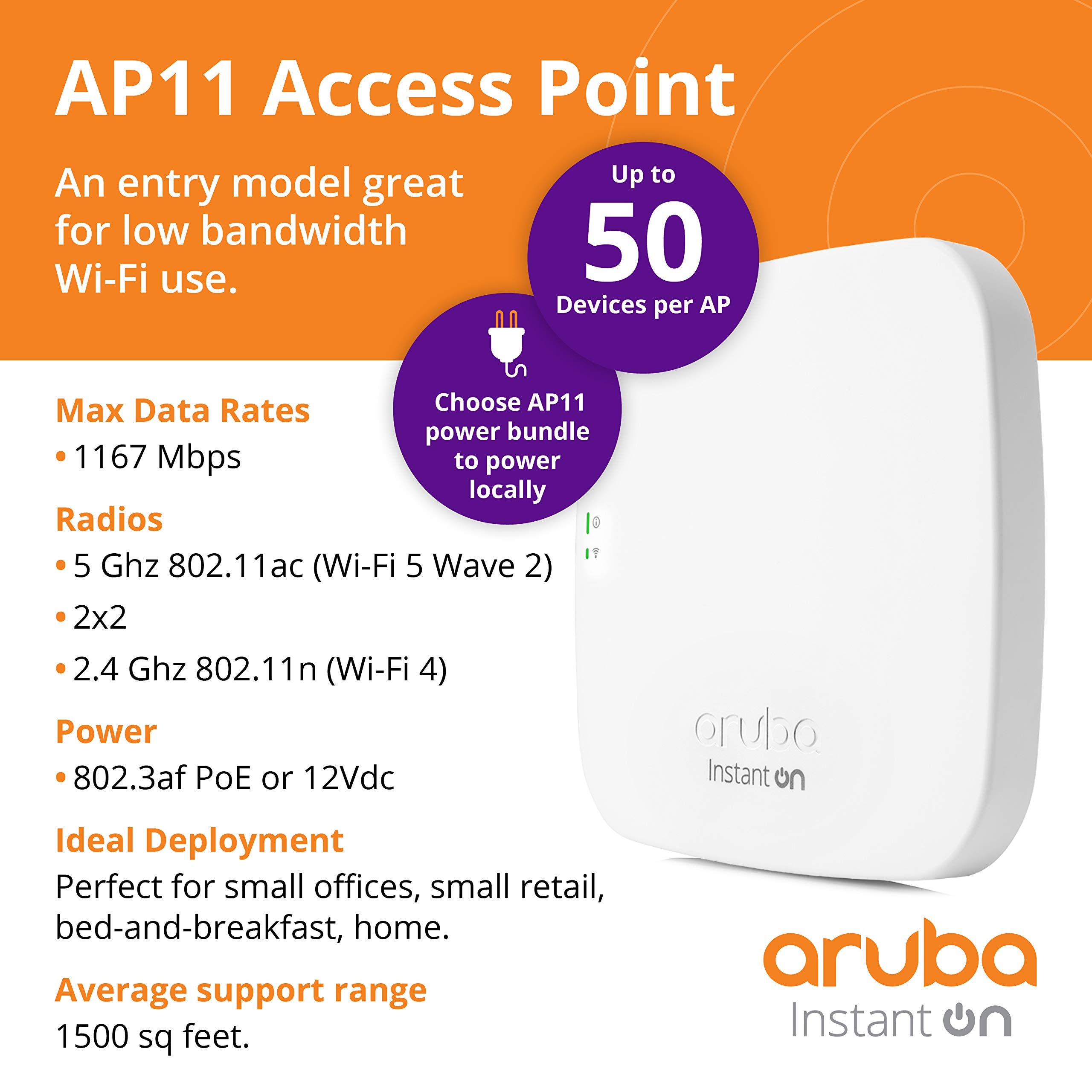 Aruba Instant On Ap11 2X2 Wi Fi 5 Access Point | Us Model | Power Source Not Included (R2W95A)