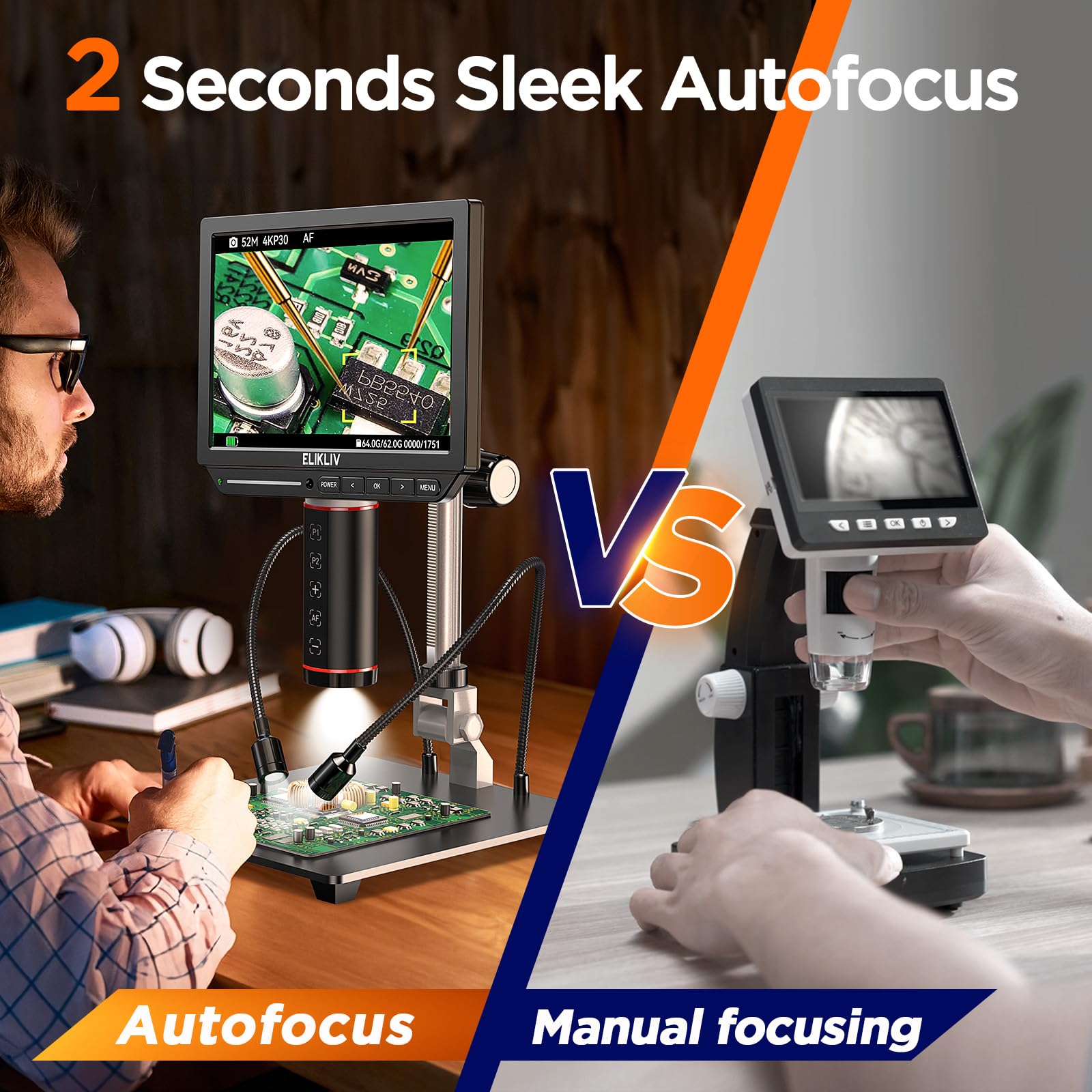 Elikliv Autofocus 4K Digital Microscope Em4K Af, 8'' Coin Microscope, 52Mp Hdmi Microscope, Soldering Microscope For Electronic