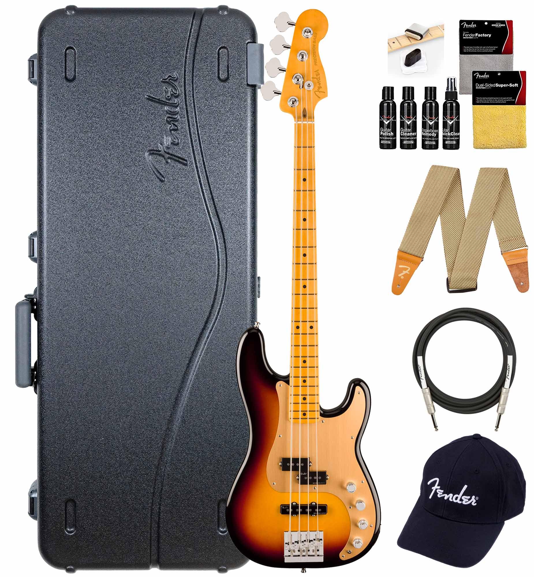 Fender American Ultra II Precision Bass - Ultraburst Bundle with Case, Strap, Cable, Hat, and Guitar Cleaning Kit
