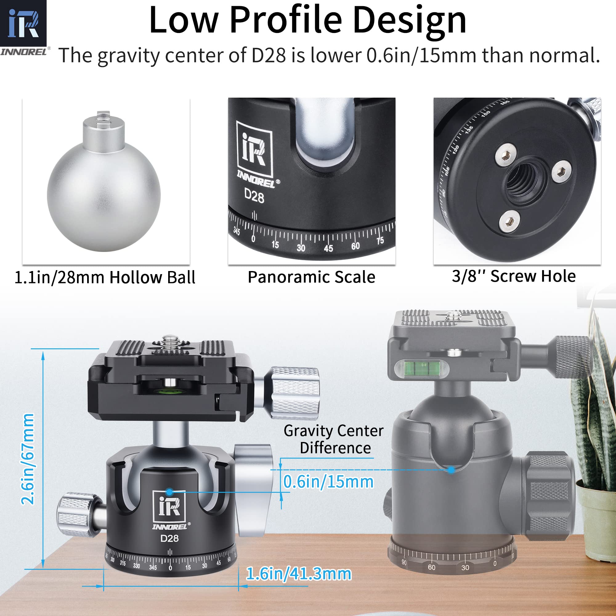 Innorel D28 28Mm Low Profile Tripod Ball Head Professional All Metal Cnc 360� Panoramic Camera Tripod Head For Monopod,Dslr Cameras,Camcorder,Dv With 1/4' Arca Swiss Quick Release Plate Load 22Lb/10Kg