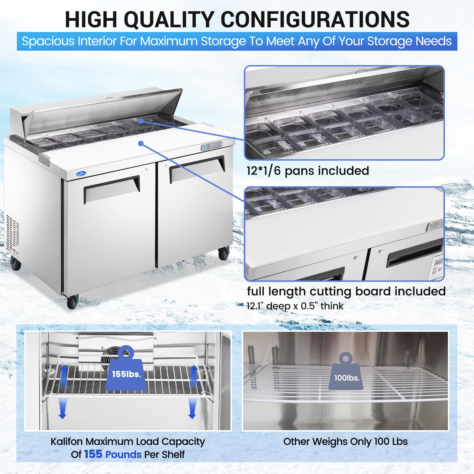 48'' W 2 Door Refrigerator Sandwich Salad Prep Table Commercial Stainless Steel Fan Cooling Refrigerator With Cutting Board, 2 S