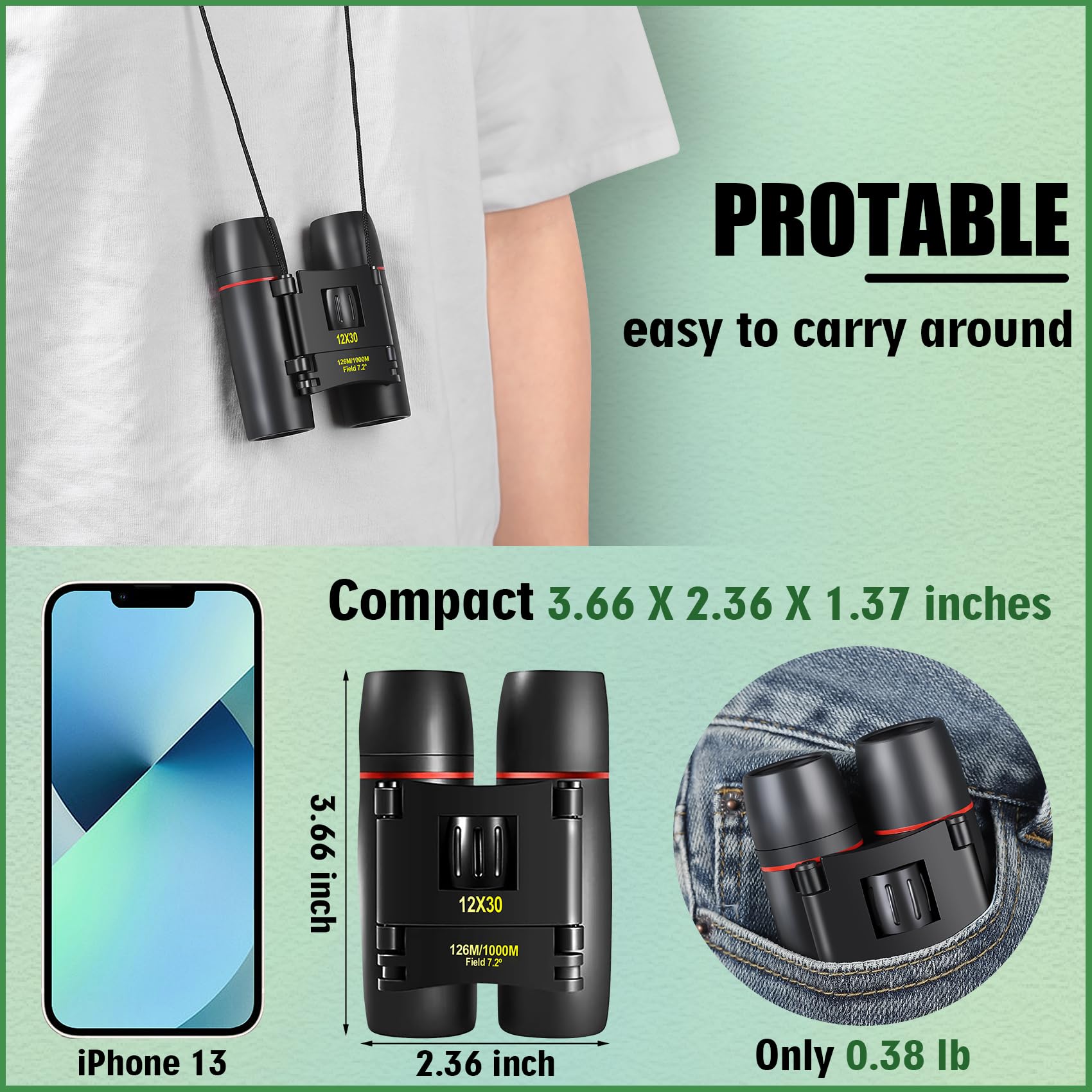 Poldr 12X30 Compact Binoculars With Large Eyepiece, Small Lightweight Binoculars For Adults Kids, Pocket Mini Binoculars For Bir