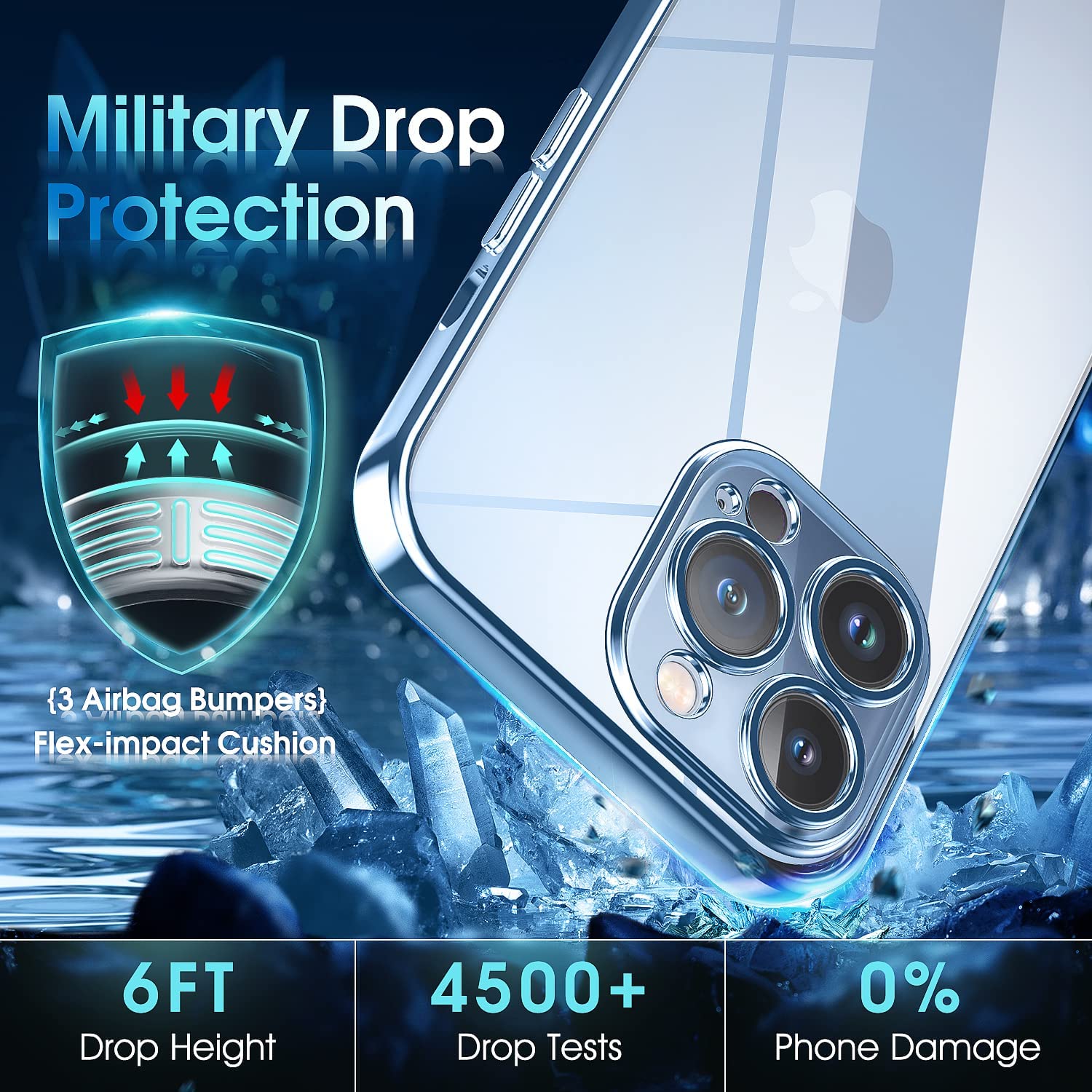 Supdeal Crystal Clear Phone Case iPhone 13 Pro Military Drop Tested Anti-Yellowing Camera Protection Silicone Blue 6.1 inch