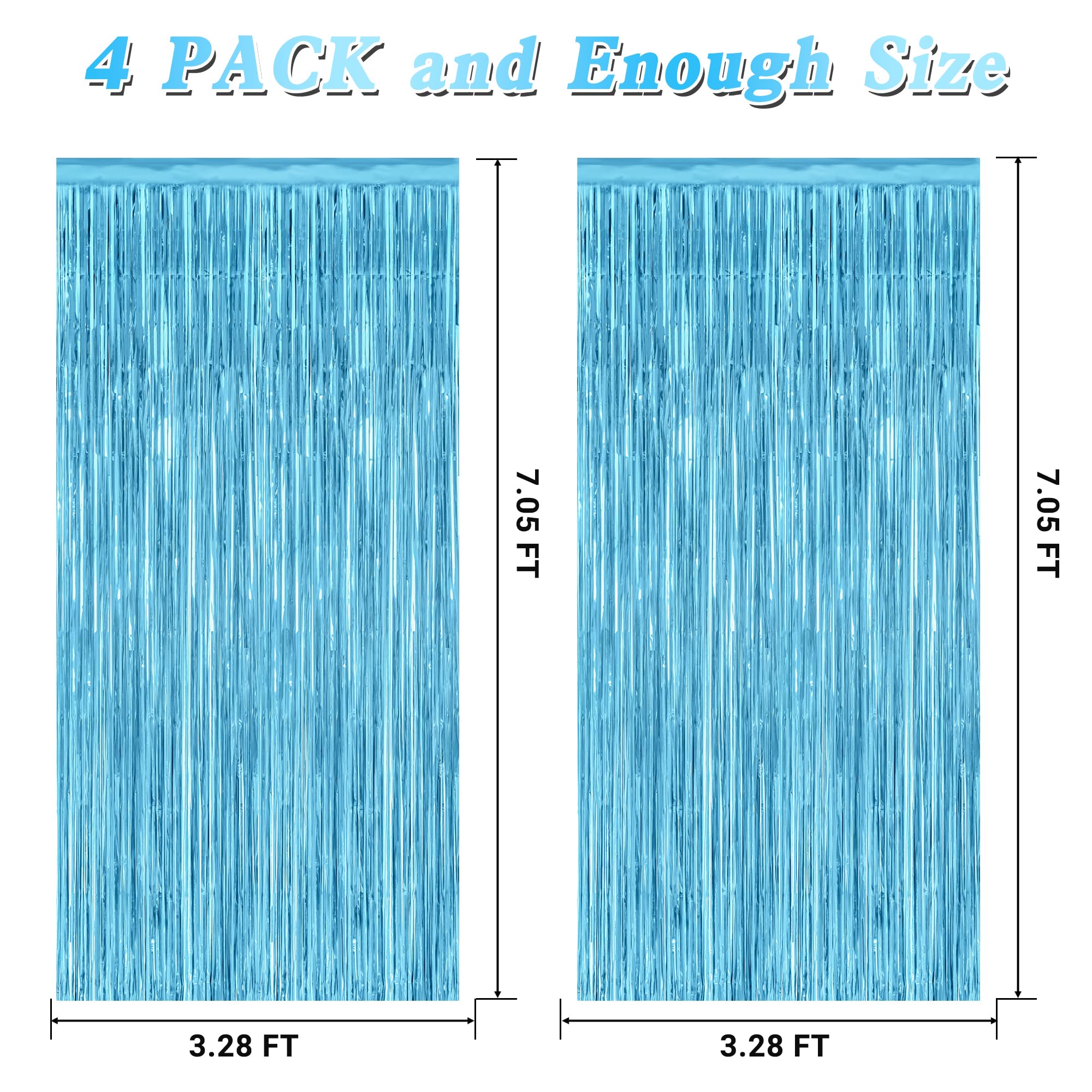 4 Pack Party Decorations, 3.28 Ft X 7.05 Ft Blue Foil Streamers, Metallic Sky Blue Backdrop Fringe Curtains Bithday Back Drop, W