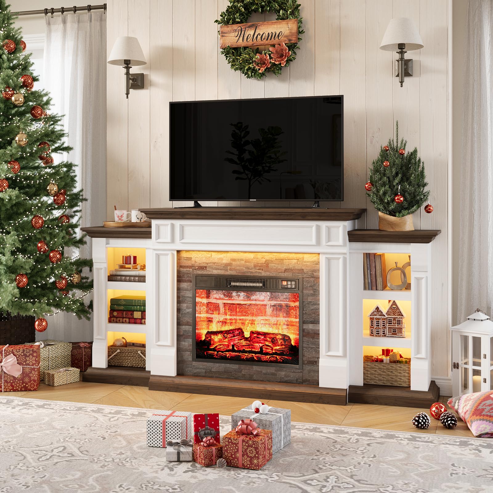70'' Electric Fireplace With Mantel, Led Fireplace Tv Stand For Tvs Up To 80 Inch, Farmhouse Entertainment Center With Storage,