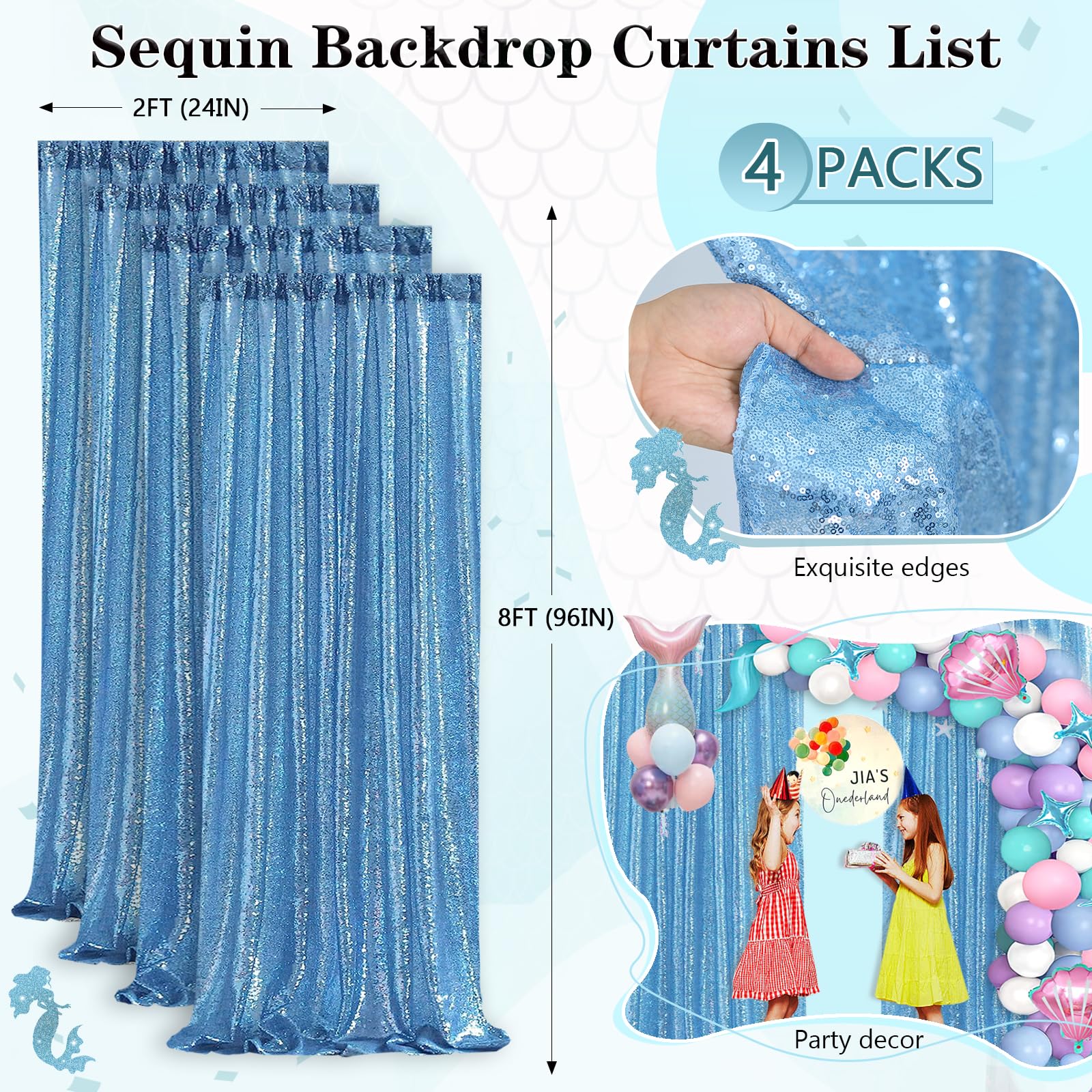 Baby Blue Christmas Backdrop Curtains 4 Pieces 2Ftx8Ft Sequin Photography Background Curtain For Party Decoration
