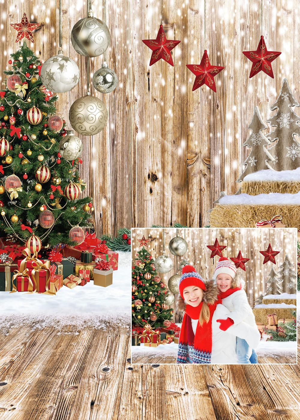 Chaiya 5X7Ft Christmas Backdrop Wood Floor Backdrop Winter Snow Xmas Tree Gift Christmas Family Party Background New Year Party