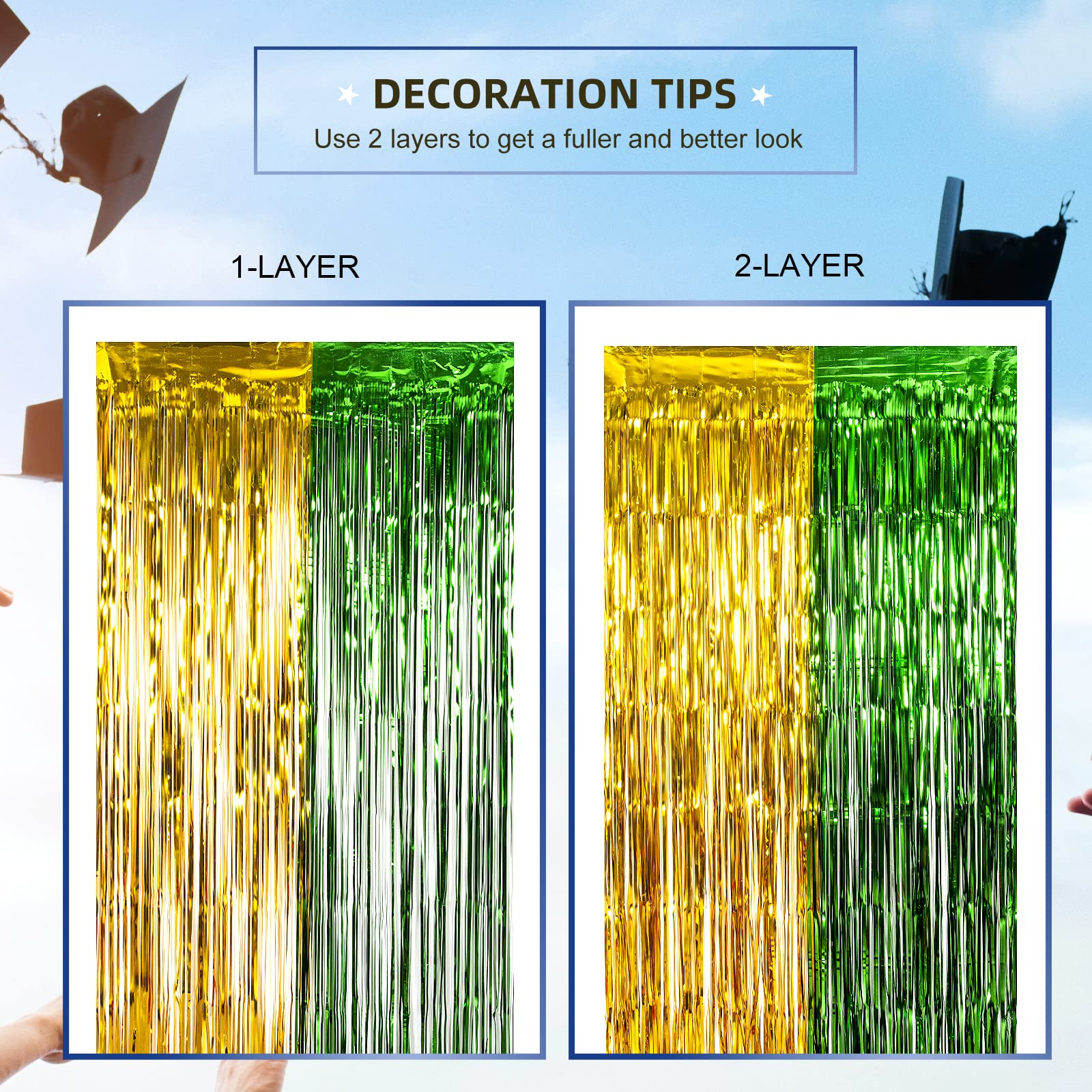 Lolstar 2 Pack Green And Gold 2024 Graduation Party Decorations, 3.3X6.6 Ft Foil Fringe Curtains, Graduation Photo Booth Props T