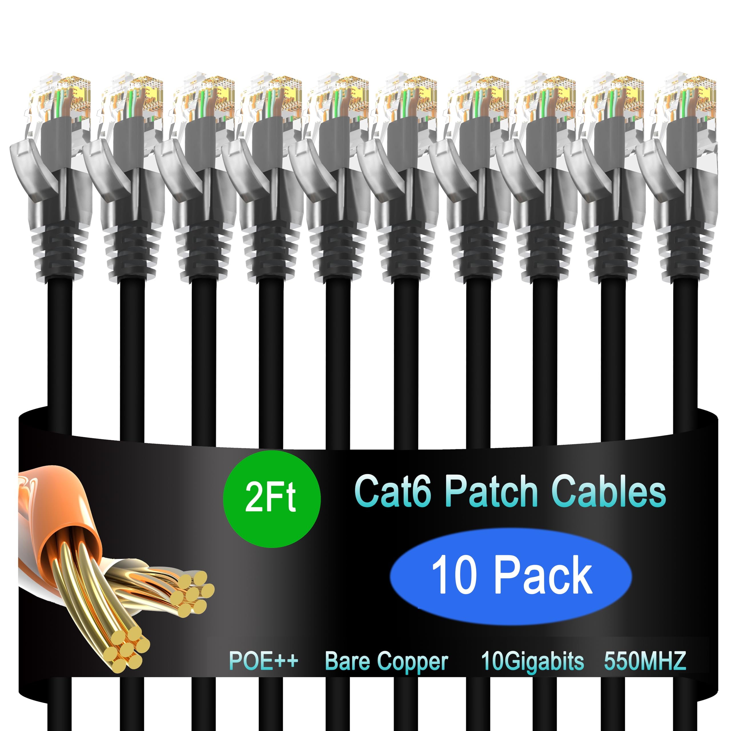 Lysymixs Cat6 Ethernet Patch Cable 2 Ft (10 Pack), Cat6 Patch Cable For Data Centers, Cat 6 Patch Cable 10G, Network Patch Cable