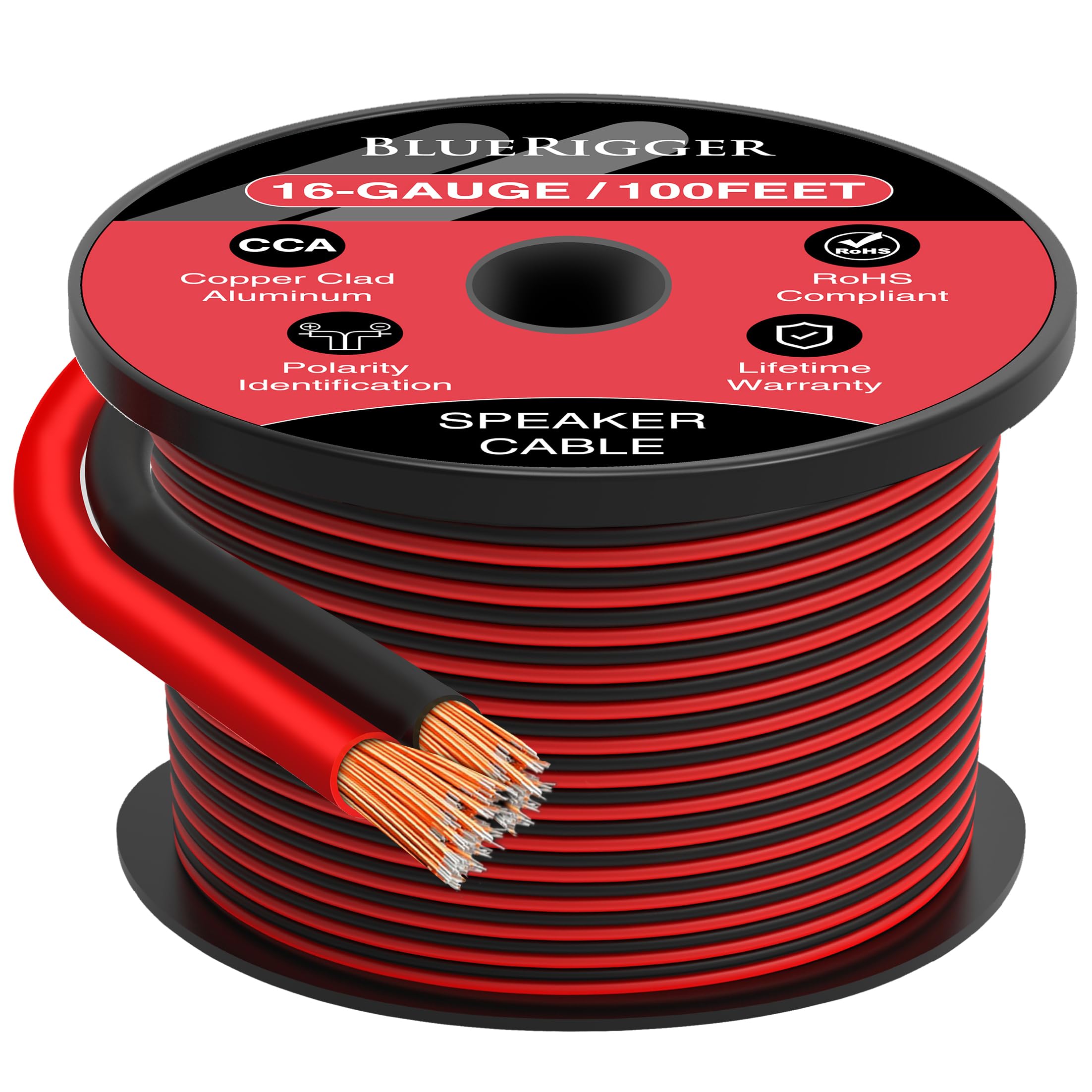 Bluerigger 16 Gauge Speaker Wire (100Ft, 16 Awg, Speaker Cable, Cca, Hifi Stereo, Polarity Identification) - Car Audio Wire For 