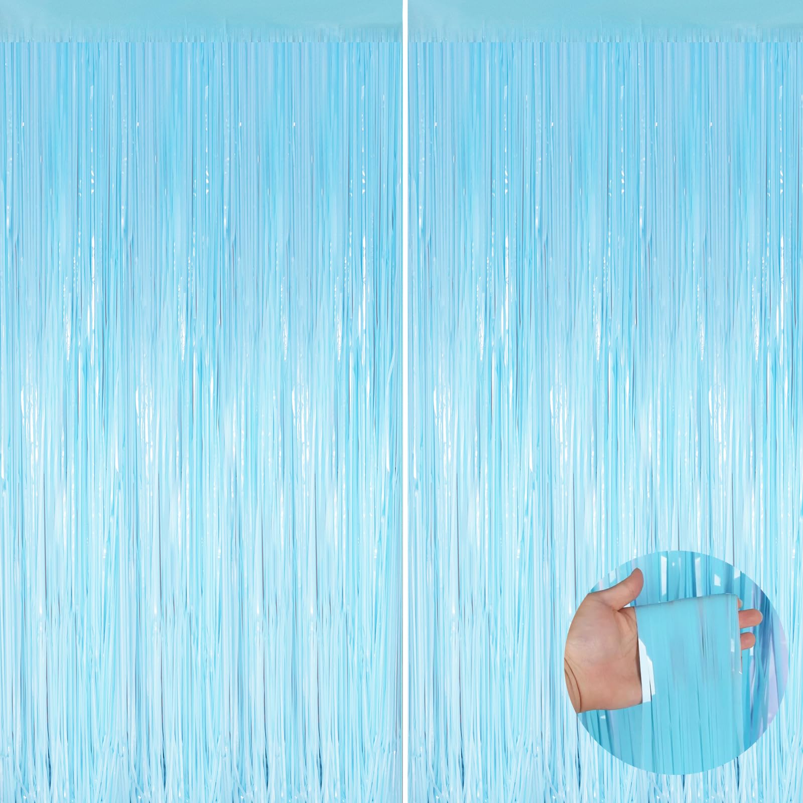 Macaron Light Blue Metallic Tinsel Foil Fringe Curtains, 2 Pack 3.3X8.3 Feet Party Streamer For Birthday Party Decorations, Hall