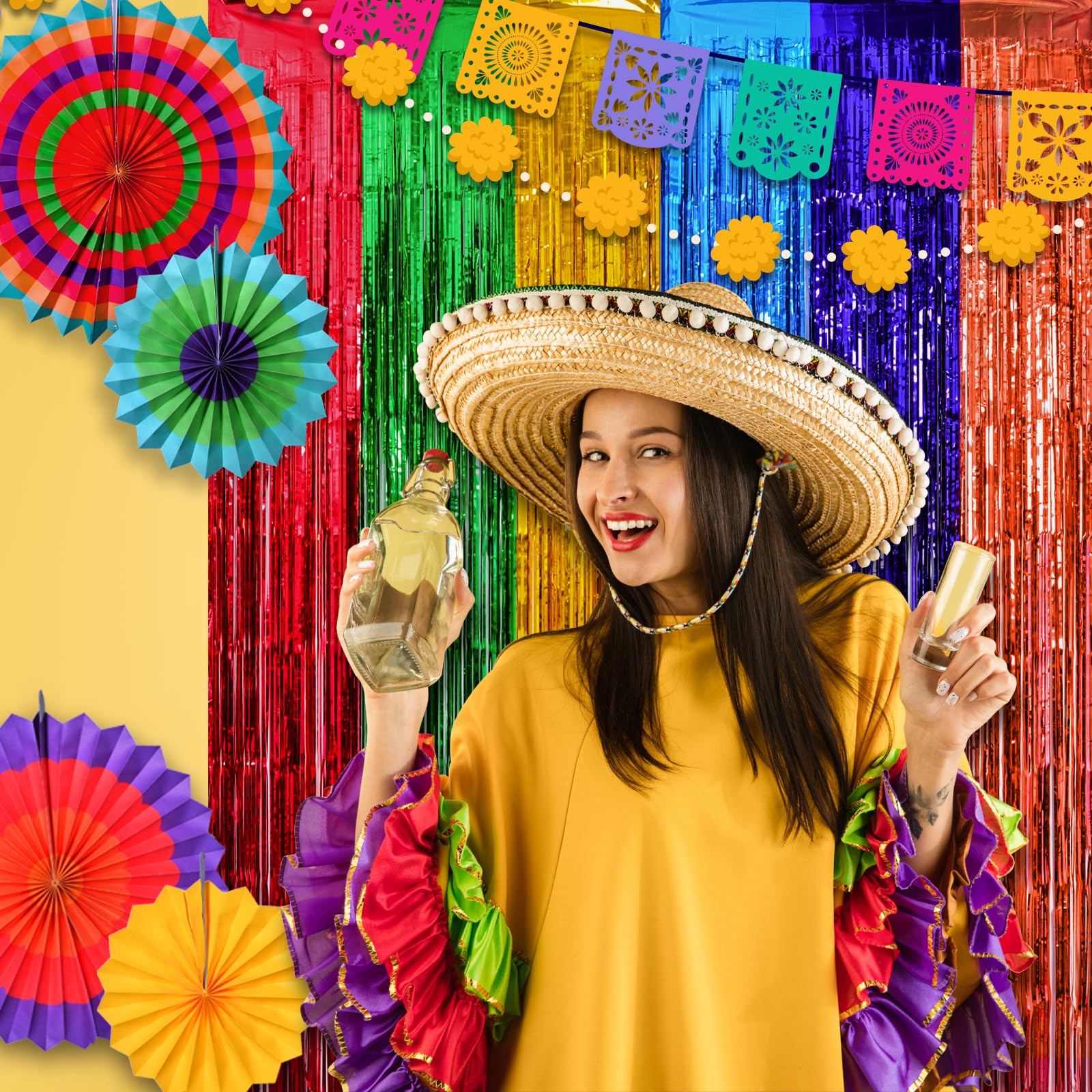 Mega L Fiesta Party Decorations Foil Curtain Backdrop 4 Pack Mexican Party 3.3X6.6Ft Tinsel Streamers Photo Booth Props For Cinc