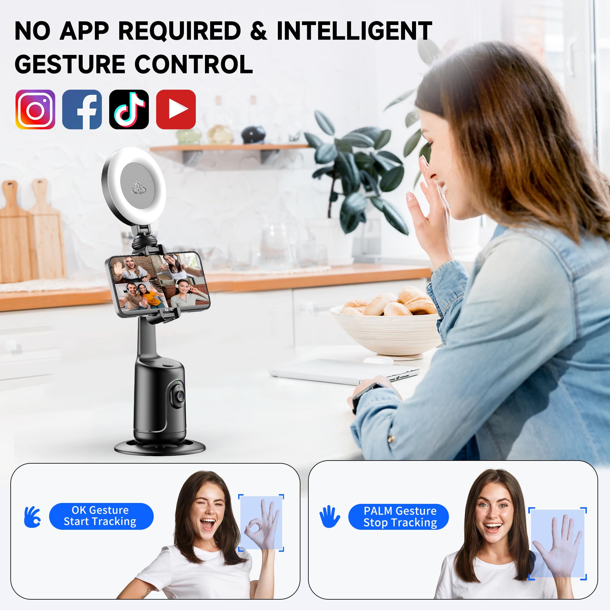 Auto Face Tracking Tripod With 2 Selfie Ring Light, 360 Rotation Face Body Phone Holder Smart Shooting Camera Mount With Remote,