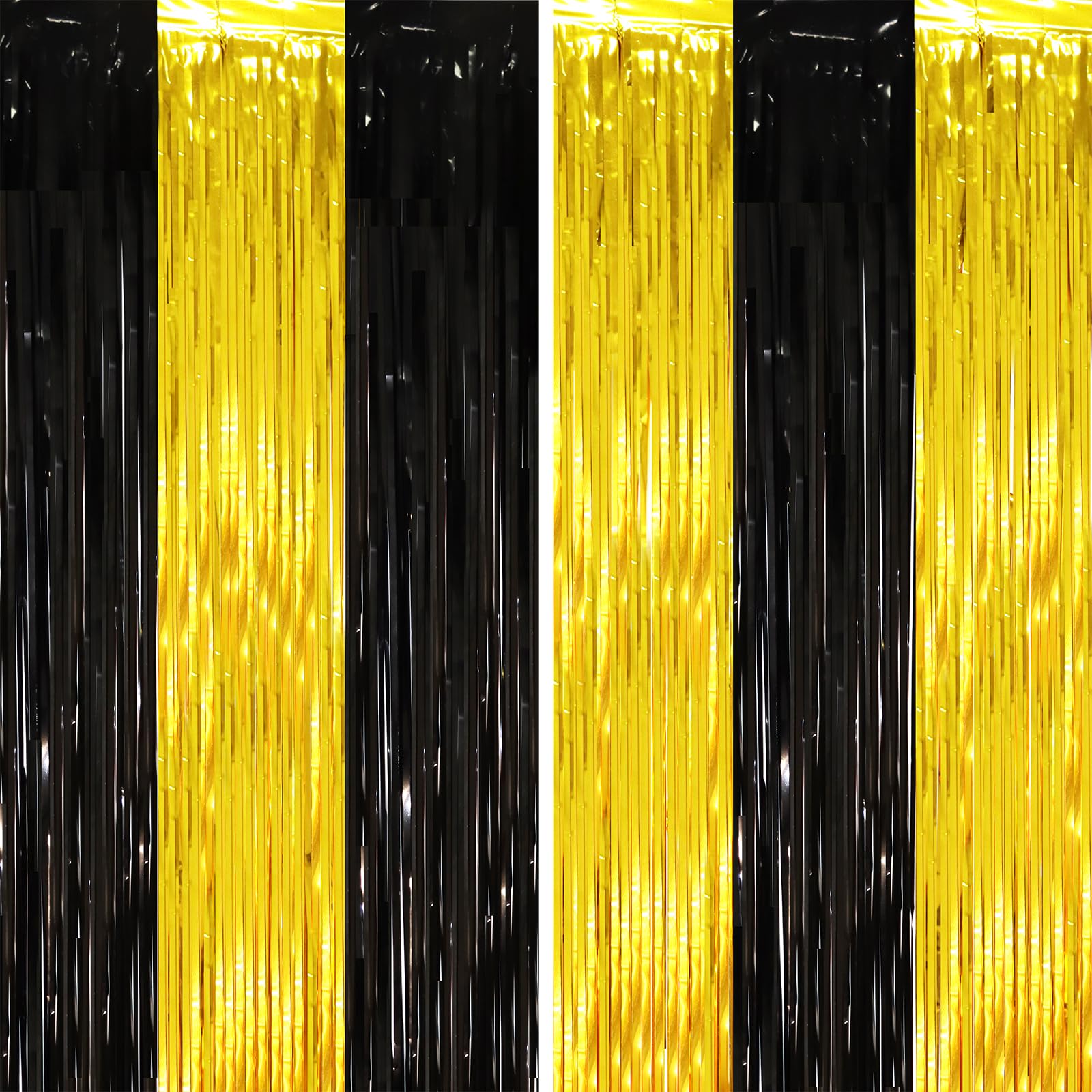 Voircoloria 2 Pack Black And Gold Tinsel Foil Fringe Curtains, Black And Gold Party Decorations, Metallic Tinsel Party Streamers
